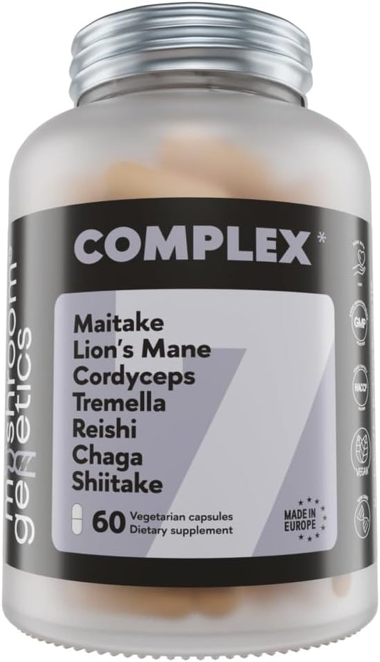 Organic Mushroom Complex 7 Supplement for Immune Support, Focus & Energy - Reishi, Lions Mane, Cordyceps, Shiitake, Chaga, Maitake & Tremella | 60 Capsules