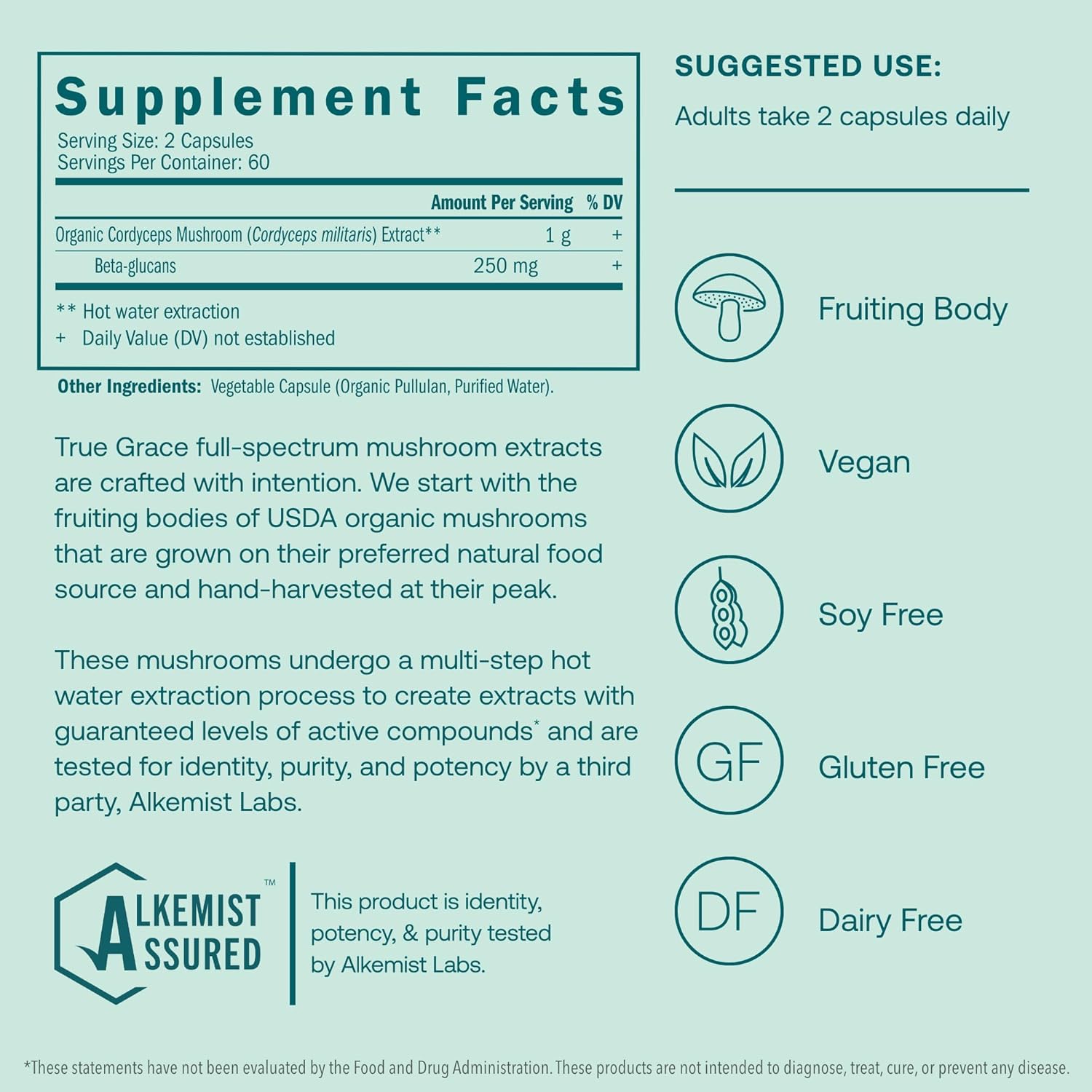 Organic Mushroom Cordyceps Capsules for Energy & Endurance - 120 Count - True Grace Formula