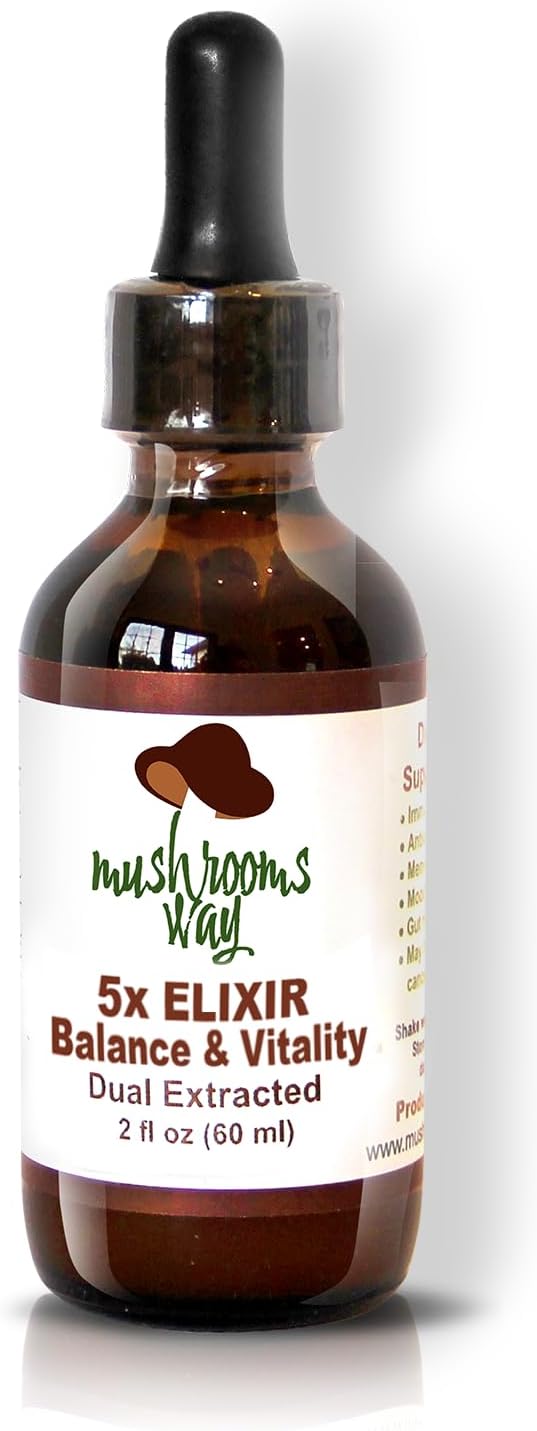 Organic Mushroom Elixir Blend - Reishi, Lions Mane, Turkey Tail, Shiitake, Maitake - Immune Support - Non-GMO, Gluten Free, Vegan - 2 Fl Oz