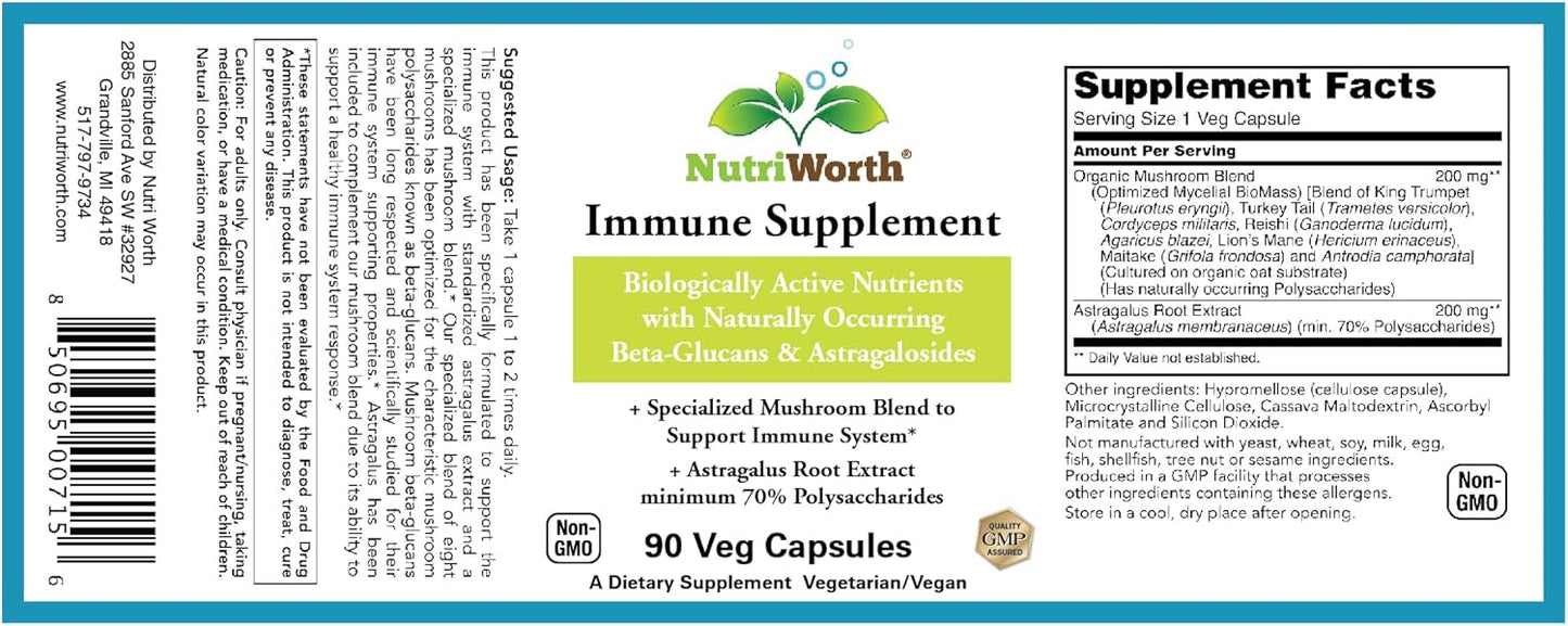 Organic Mushroom Immune Support Supplement - 90 Veg Capsules by NutriWorth