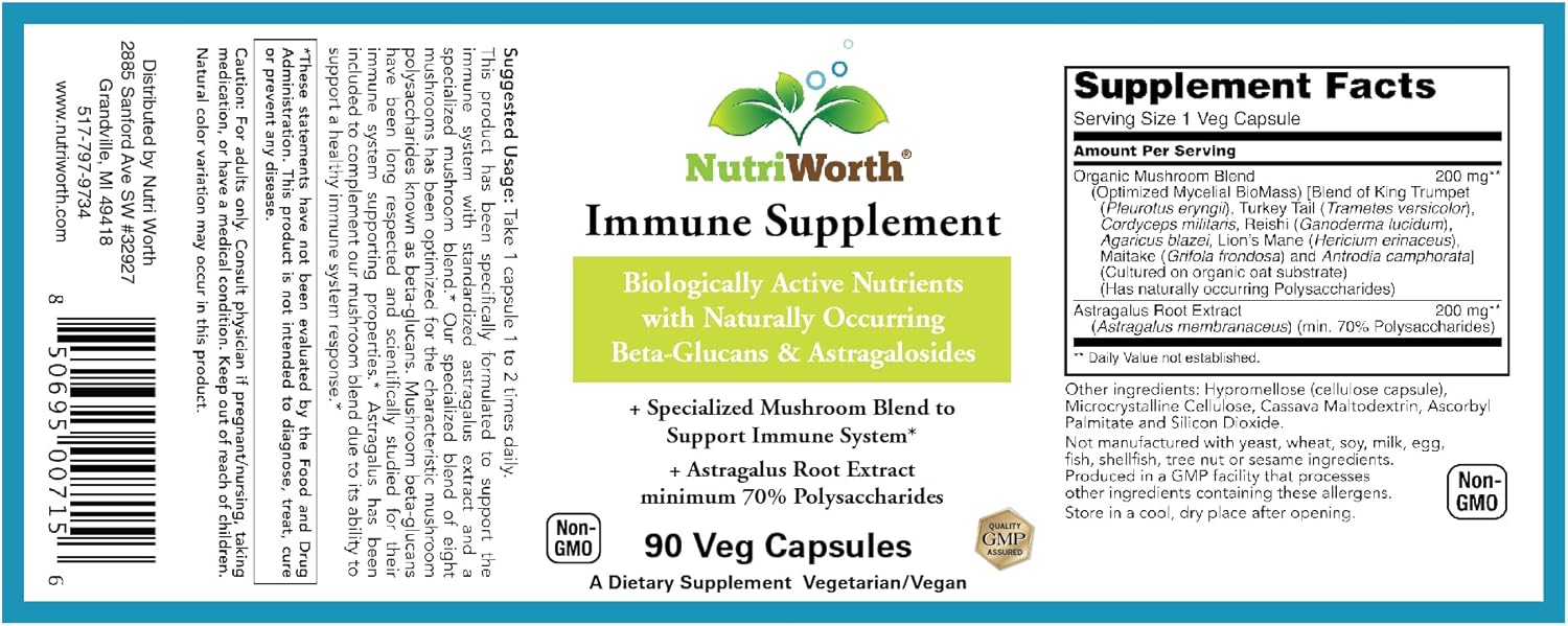 Organic Mushroom Immune Support Supplement - 90 Veg Capsules by NutriWorth