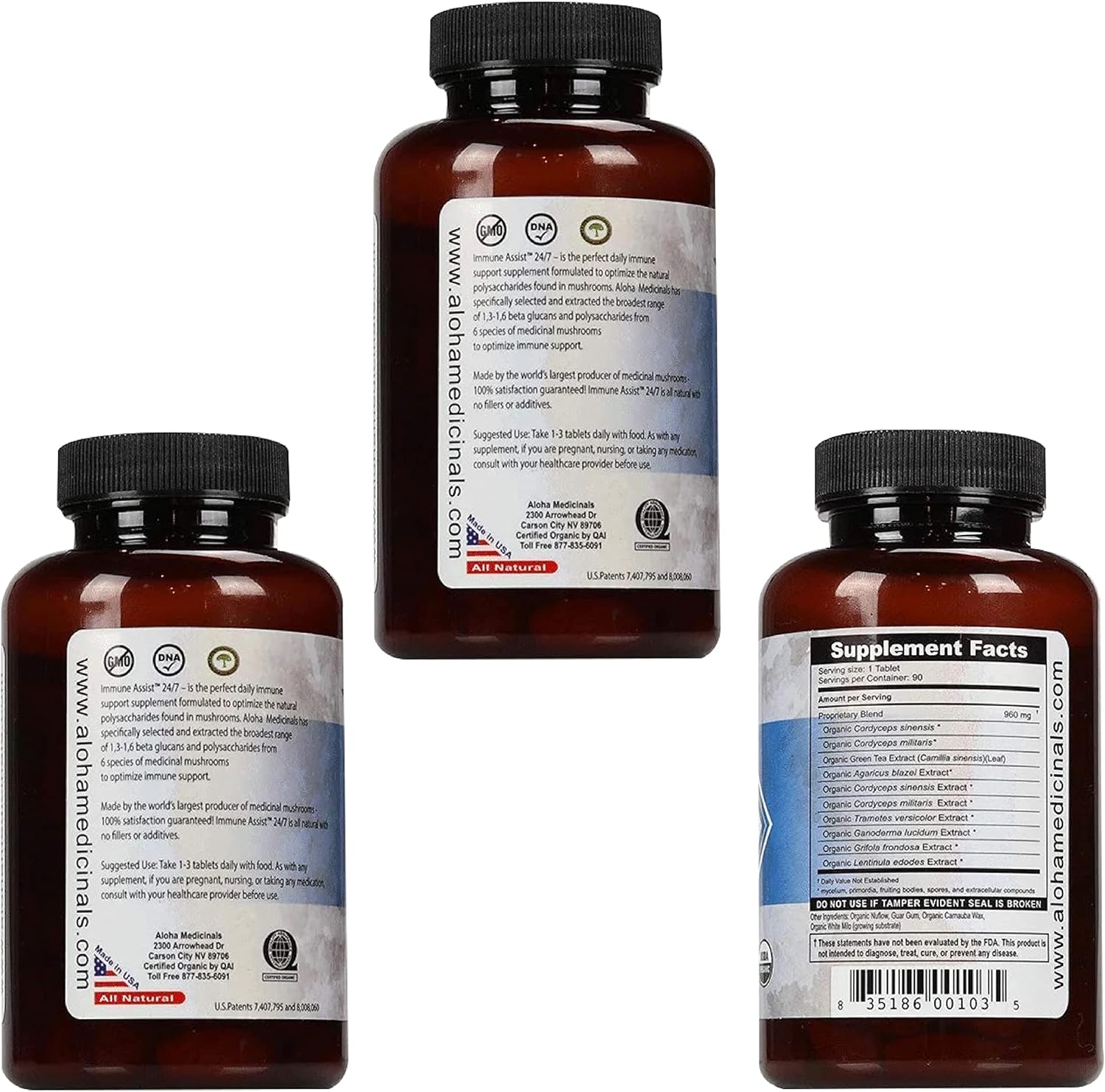 Organic Mushroom Immune Support Supplement - Aloha Medicinals Immune Assist 24/7, 90 Tablets x 3 Pack