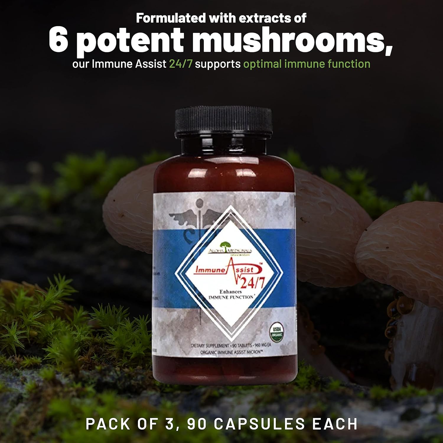 Organic Mushroom Immune Support Supplement - Aloha Medicinals Immune Assist 24/7, 90 Tablets x 3 Pack