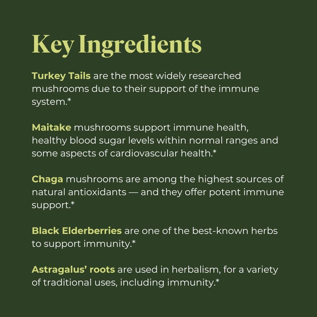 Organic Mushroom Immunity Elixir with Turkey Tail, Chaga, Maitake, Elderberry & Astragalus Extract - Liquid Drops for Immune Health - 30 Servings, 1 fl oz