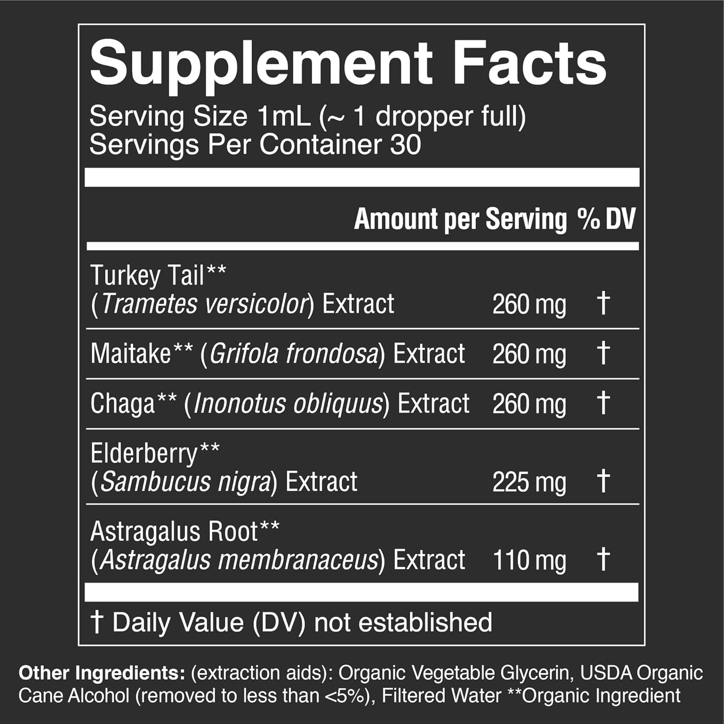 Organic Mushroom Immunity Elixir with Turkey Tail, Chaga, Maitake, Elderberry & Astragalus Extract - Liquid Drops for Immune Health - 30 Servings, 1 fl oz