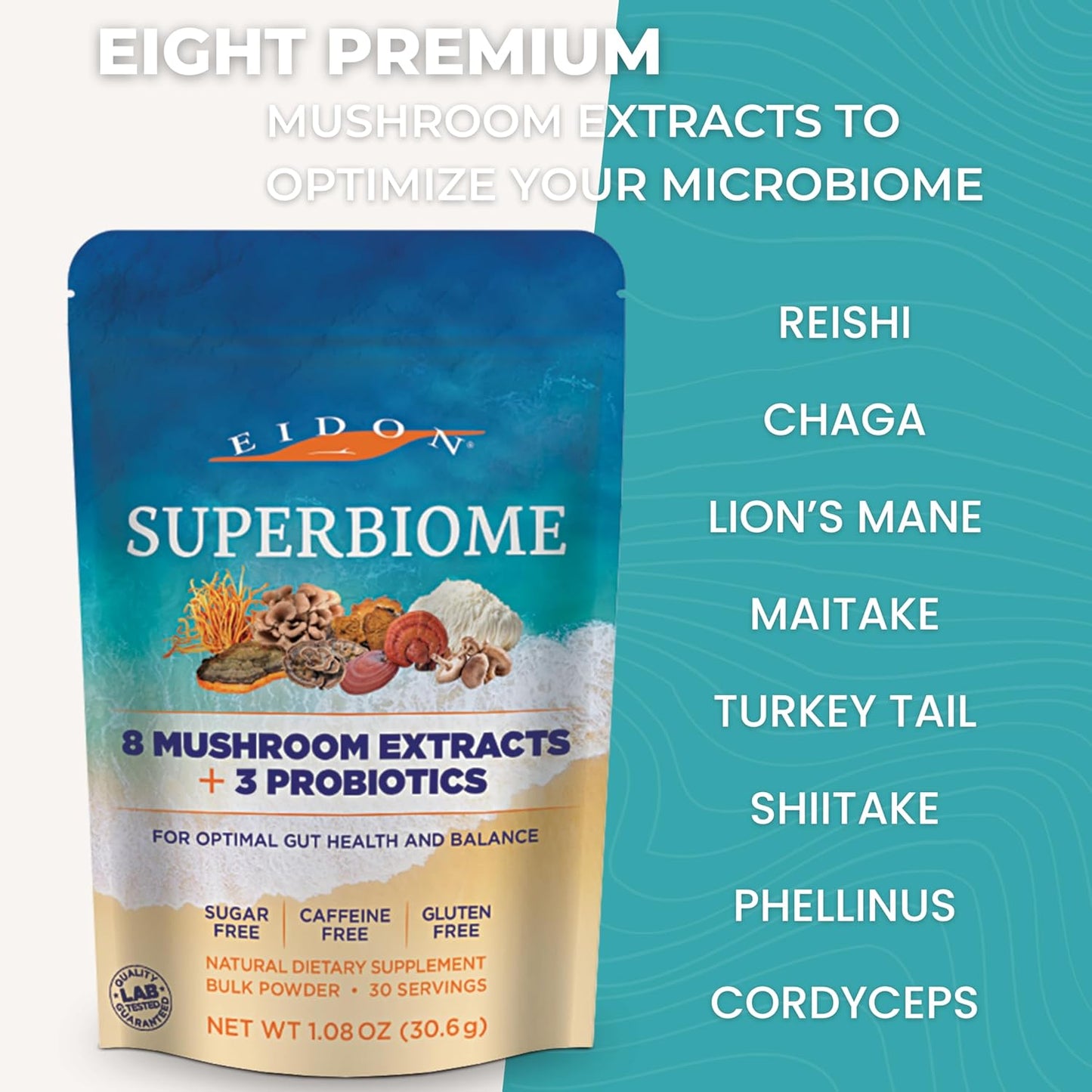 Organic Mushroom Probiotics Powder Blend with Reishi, Chaga, Lion's Mane - 30 Servings