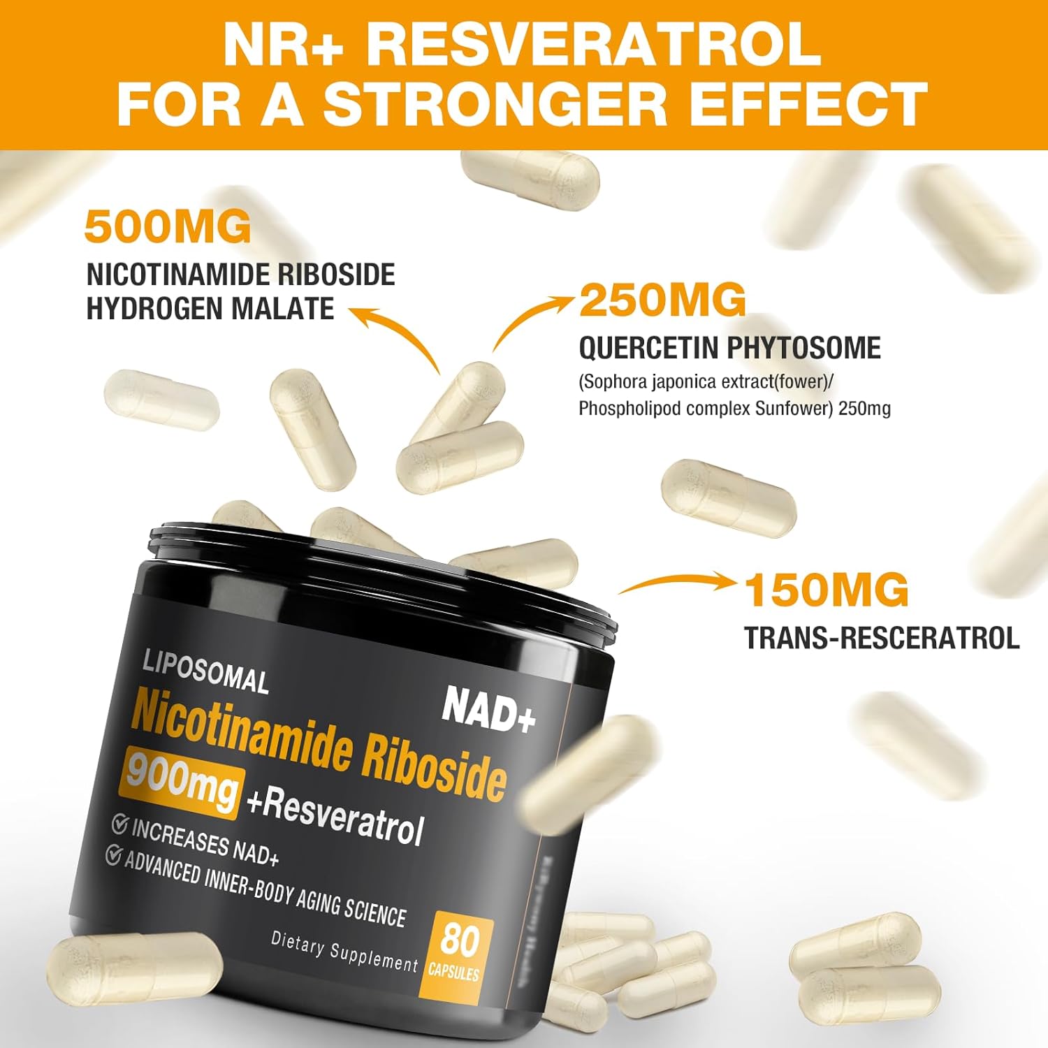 Organic NAD+ Supplement with NR and Resveratrol Quercetin for Healthy Aging and Brain Function - 2 Pack