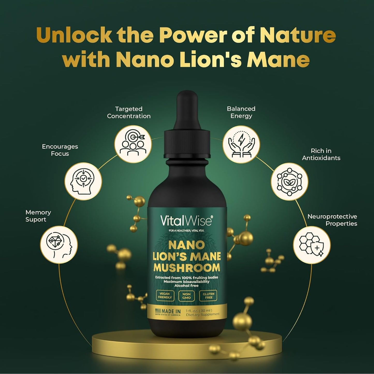 Organic Nano Lion's Mane Mushroom Tincture for Brain & Immune Support - Maximum Absorption Liquid Extract for Memory, Focus, & Clarity