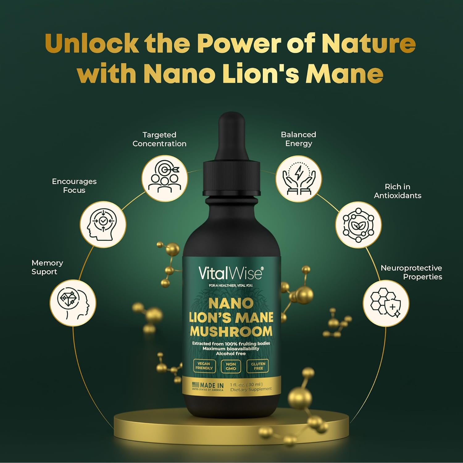 Organic Nano Lion's Mane Mushroom Tincture for Brain & Immune Support - Maximum Absorption Liquid Extract for Memory, Focus, & Clarity