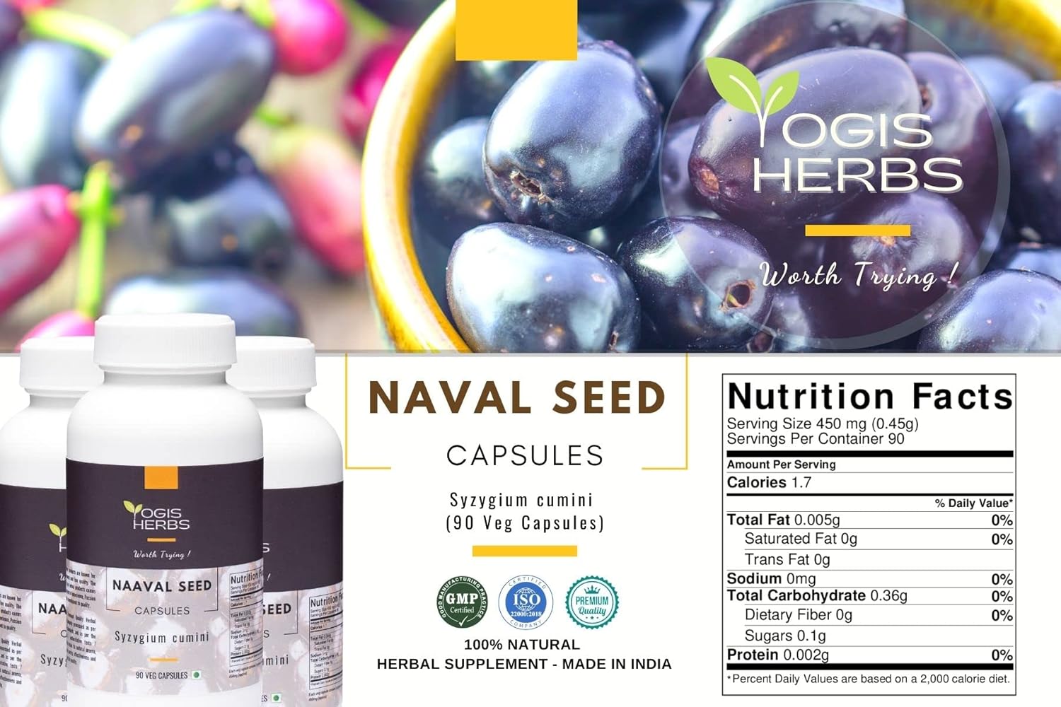 Organic Naval Seed Capsules - 90 Vegetarian Capsules - Syzygium cumini (Jamun Seed) - Indian BlackBerry