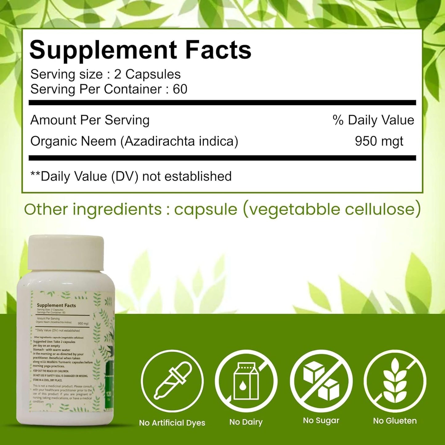 Organic Neem Capsules for Acne Control, Antioxidant Protection, and Healthy Skin - 120 Count