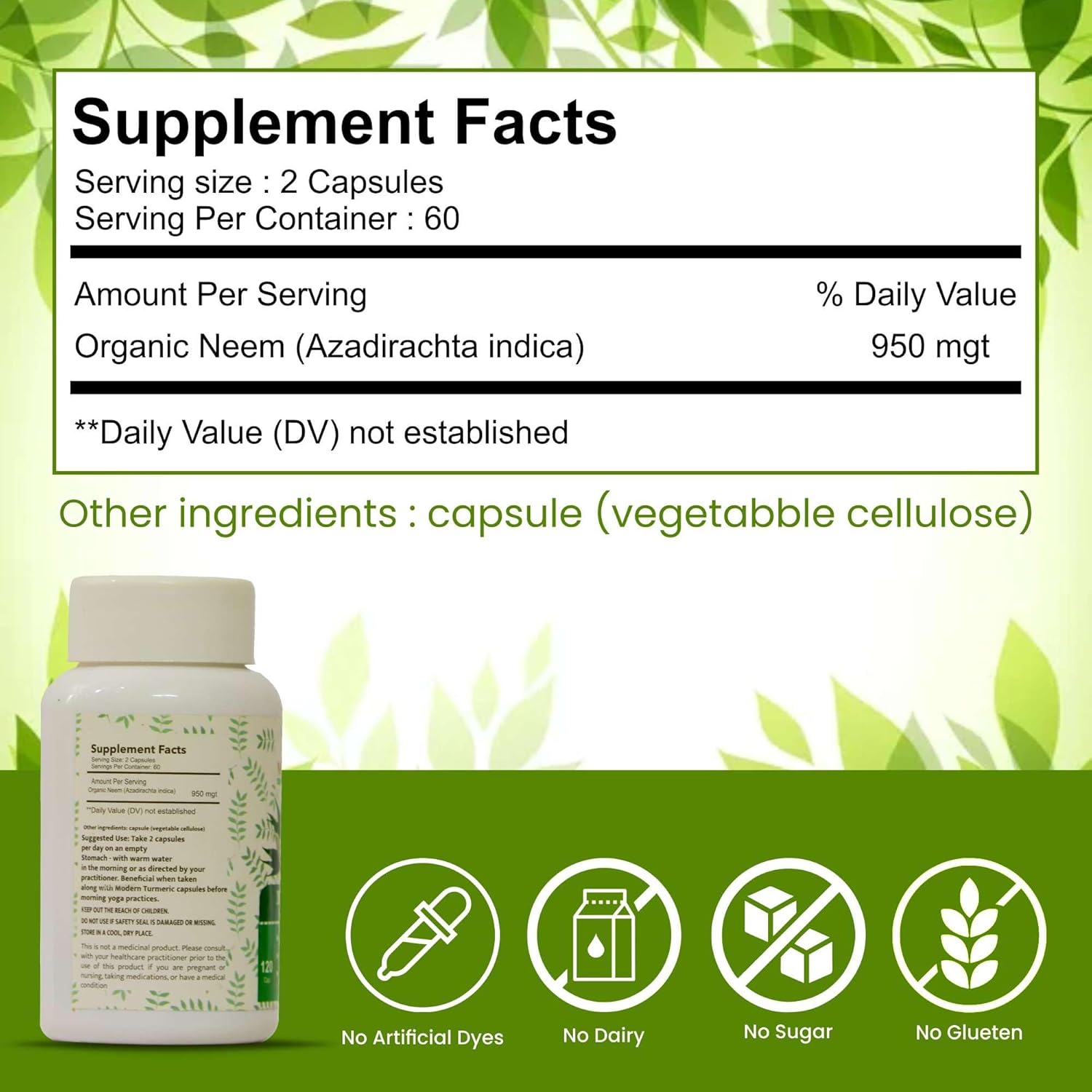 Organic Neem Capsules for Acne Control, Antioxidant Protection, and Healthy Skin - 120 Count