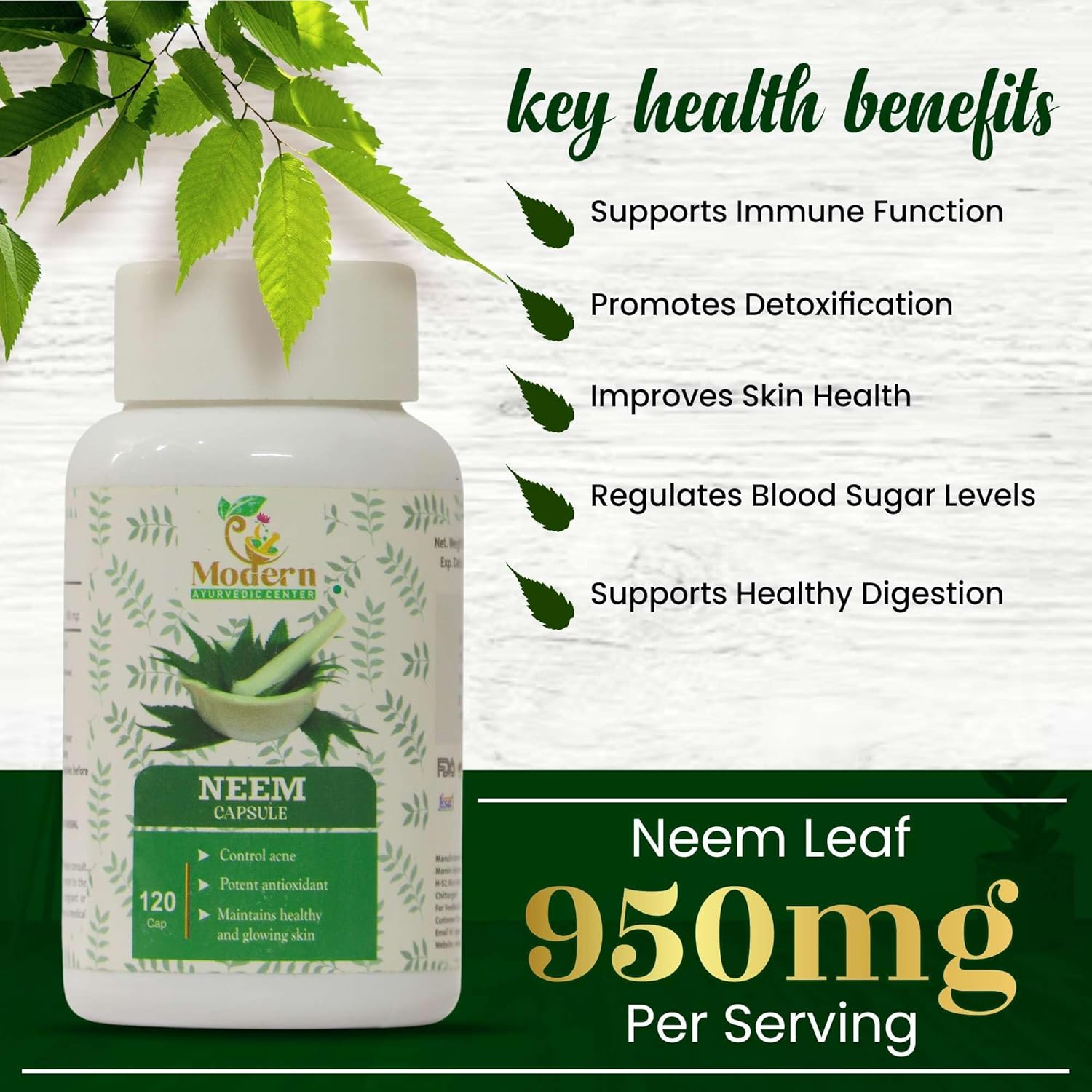Organic Neem Capsules for Acne Control, Antioxidant Protection, and Healthy Skin - 120 Count