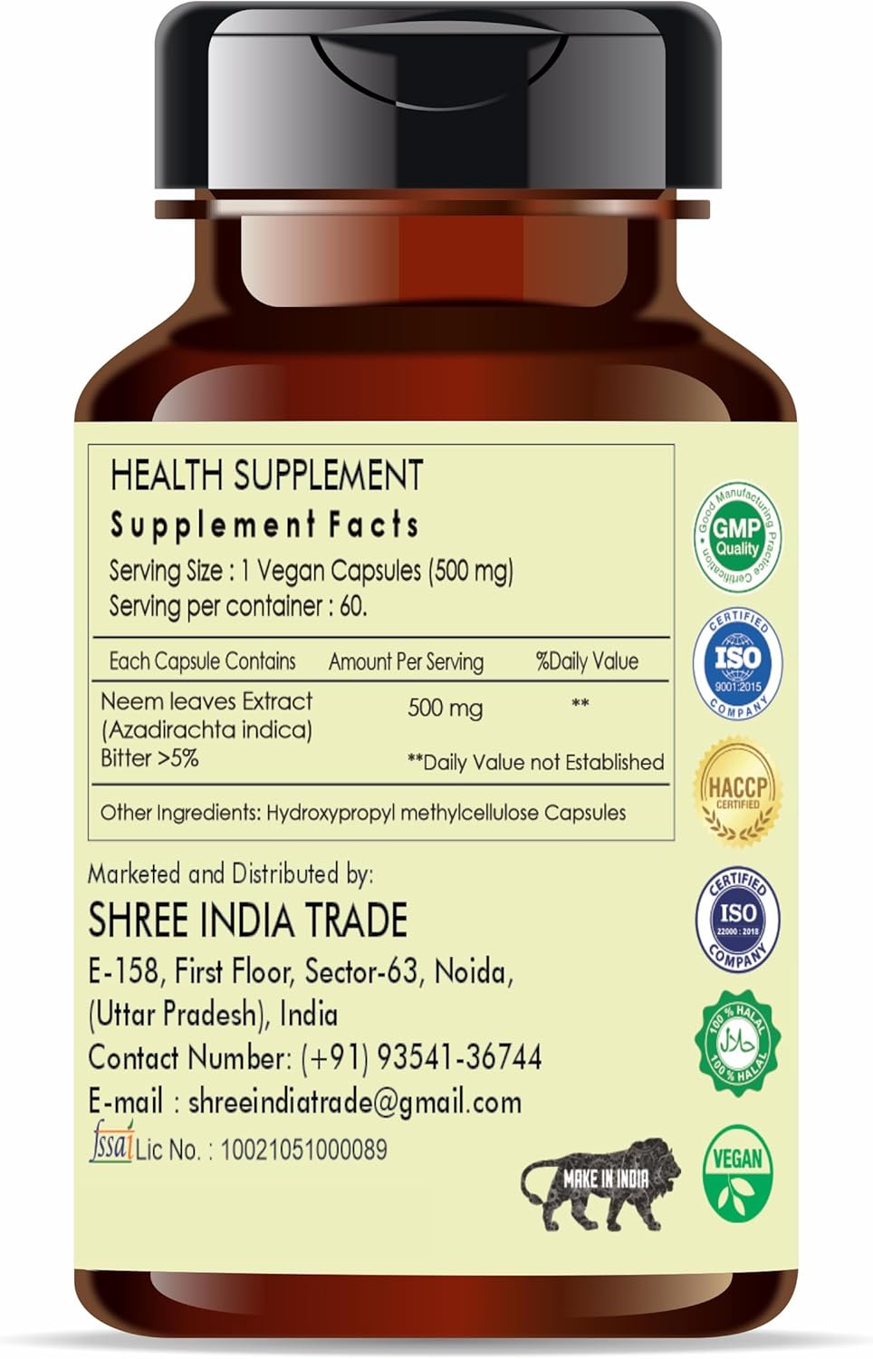 Organic Neem Extract Capsules - 500mg - 60 Count | Ayurvedic Supplement | Vegan & Gluten-Free | GMP Certified