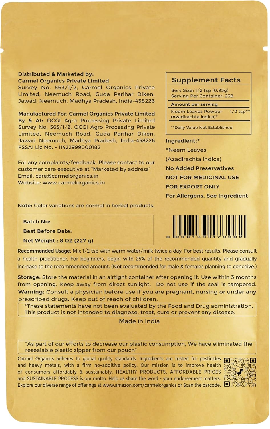 Organic Neem Leaves Powder - 8 Oz | 227g - Pure, Non-GMO, No Additives | Azadirachta Indica Powder