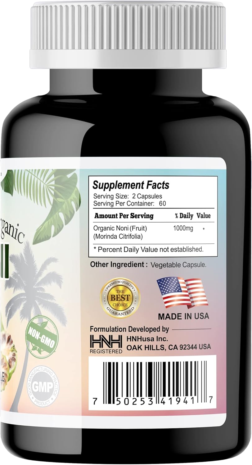 Organic Noni 1000mg Capsules - Pure Antioxidant Immune Support - Morinda Citrifolia Extract - Vegan, Non-GMO - 120ct.