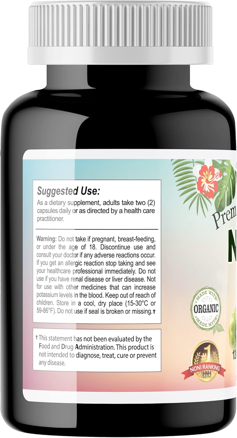 Organic Noni 1000mg Capsules - Pure Antioxidant Immune Support - Morinda Citrifolia Extract - Vegan, Non-GMO - 120ct.