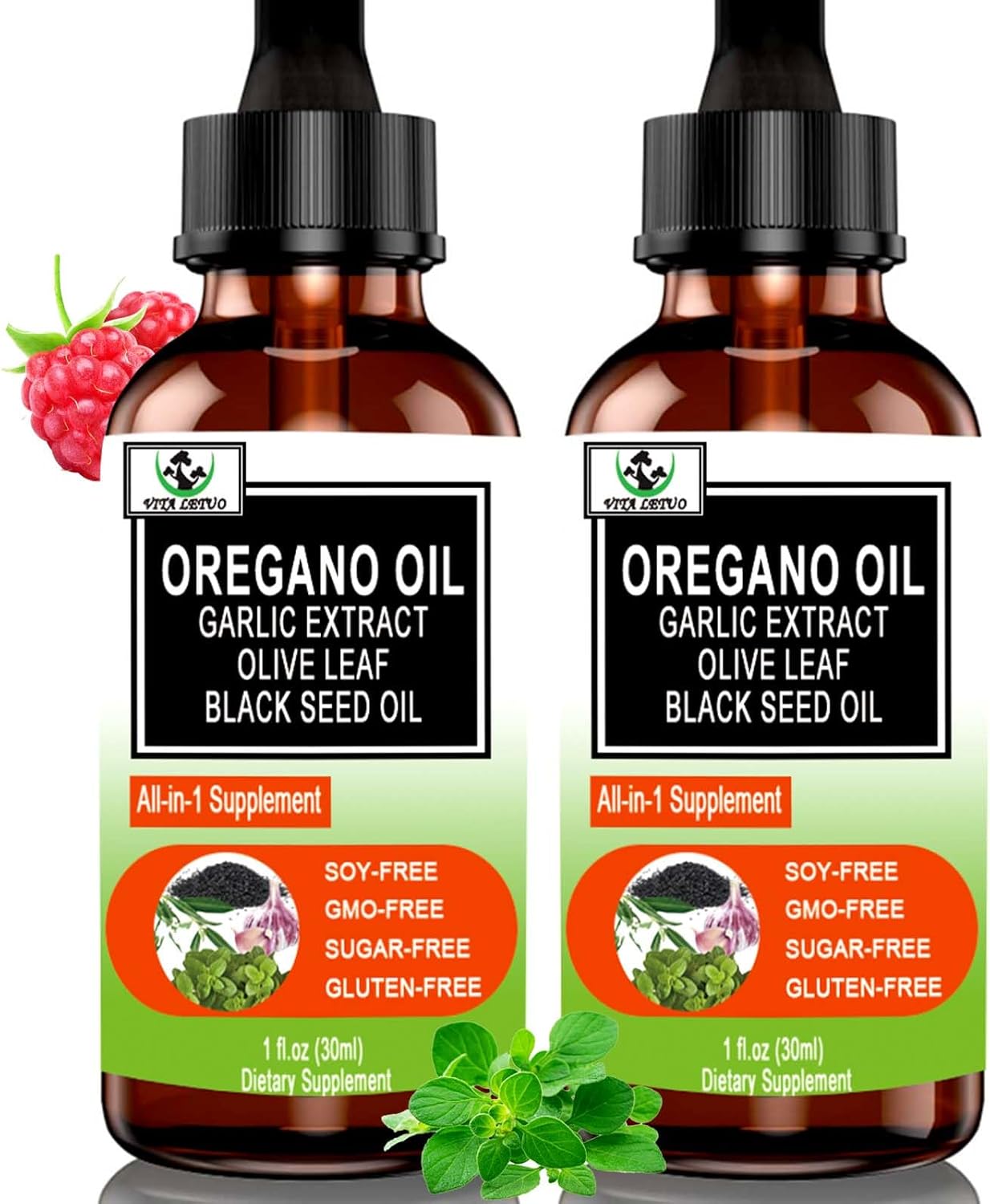 Organic Oil of Oregano and Black Seed Oil Drops for Immune and Digestive Support with Garlic and Elderberry - 2 Pack for 6X Absorption Than Oregano Oil Capsules