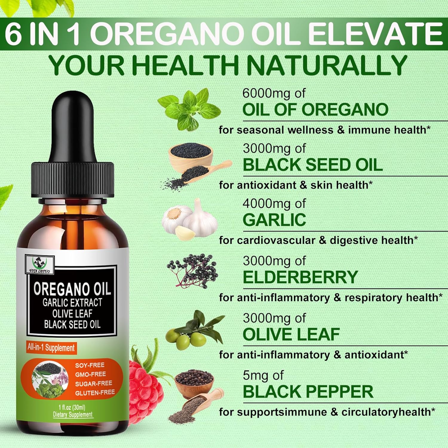 Organic Oil of Oregano and Black Seed Oil Drops for Immune and Digestive Support with Garlic and Elderberry - 2 Pack for 6X Absorption Than Oregano Oil Capsules