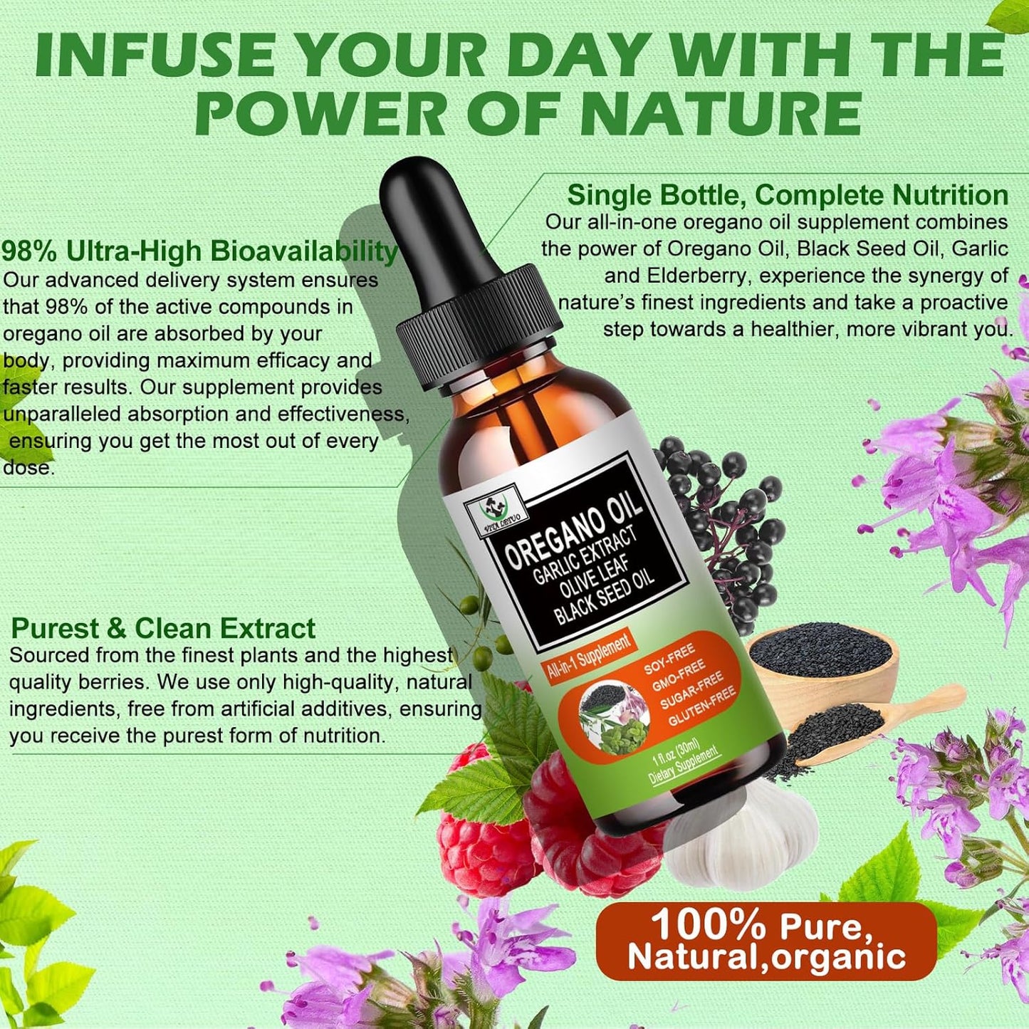 Organic Oil of Oregano and Black Seed Oil Drops for Immune and Digestive Support with Garlic and Elderberry - 2 Pack for 6X Absorption Than Oregano Oil Capsules