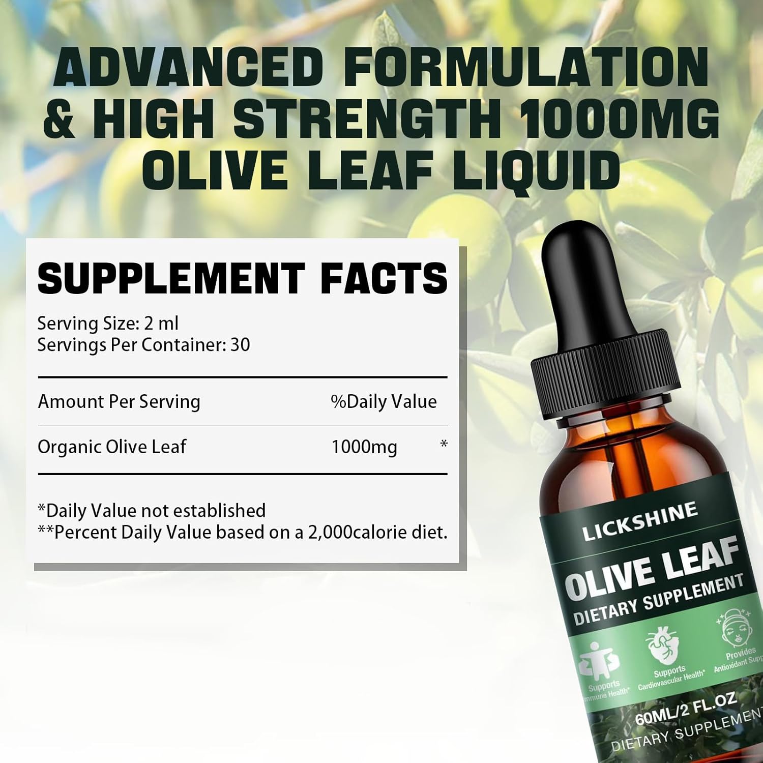 Organic Olive Leaf Liquid Extract 1000MG - Immune & Heart Support Supplement - Vegan, Non-GMO, Gluten-Free - 2 Fl Oz Bottle for Better Absorption