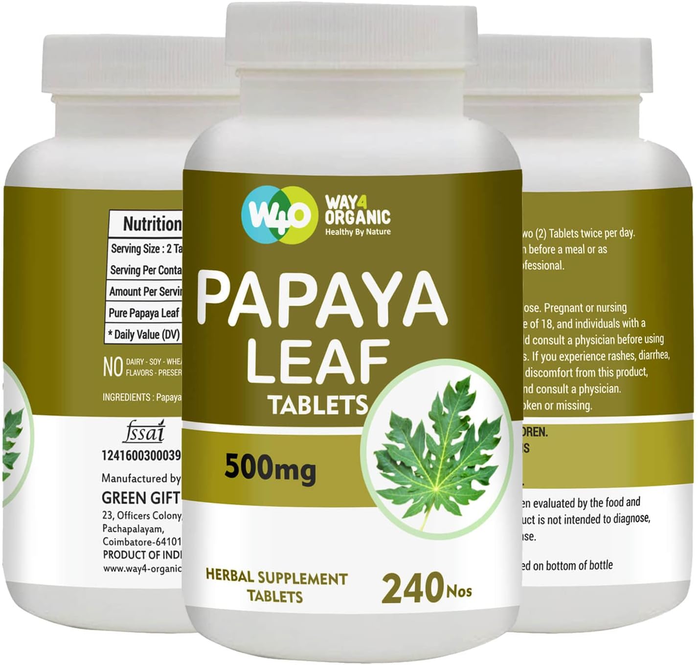 Organic Papaya Leaf Extract Capsules 500mg - 240 Pills, Immunity & Digestion Support - 4 Month Supply