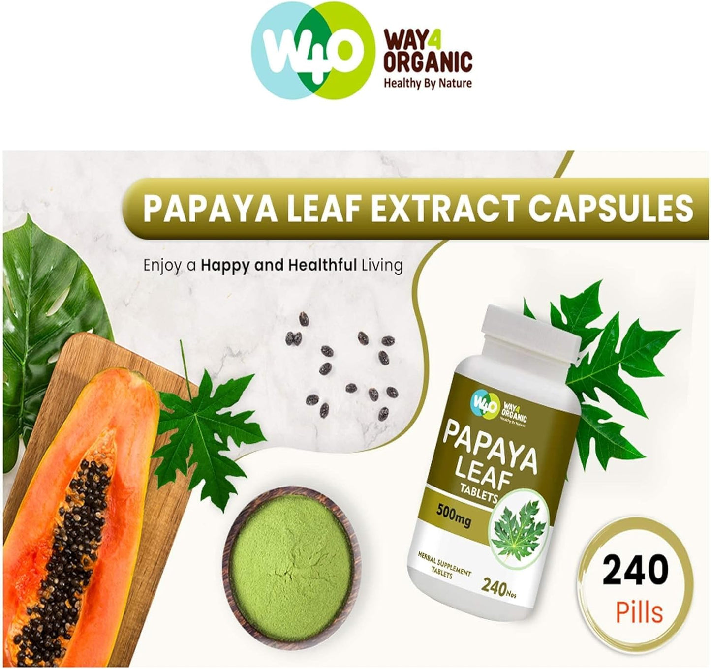 Organic Papaya Leaf Extract Capsules 500mg - 240 Pills, Immunity & Digestion Support - 4 Month Supply