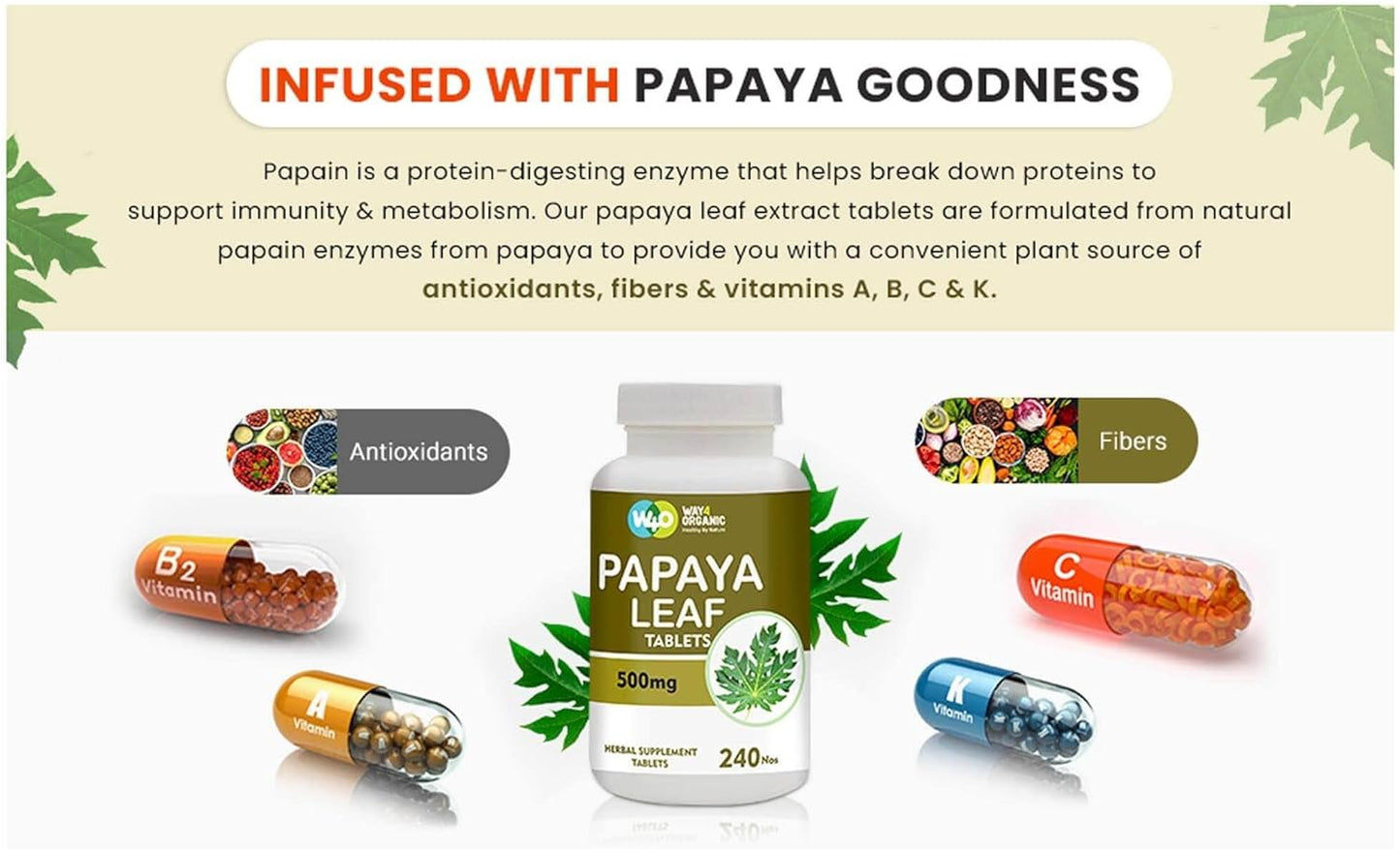 Organic Papaya Leaf Extract Capsules 500mg - 240 Pills, Immunity & Digestion Support - 4 Month Supply