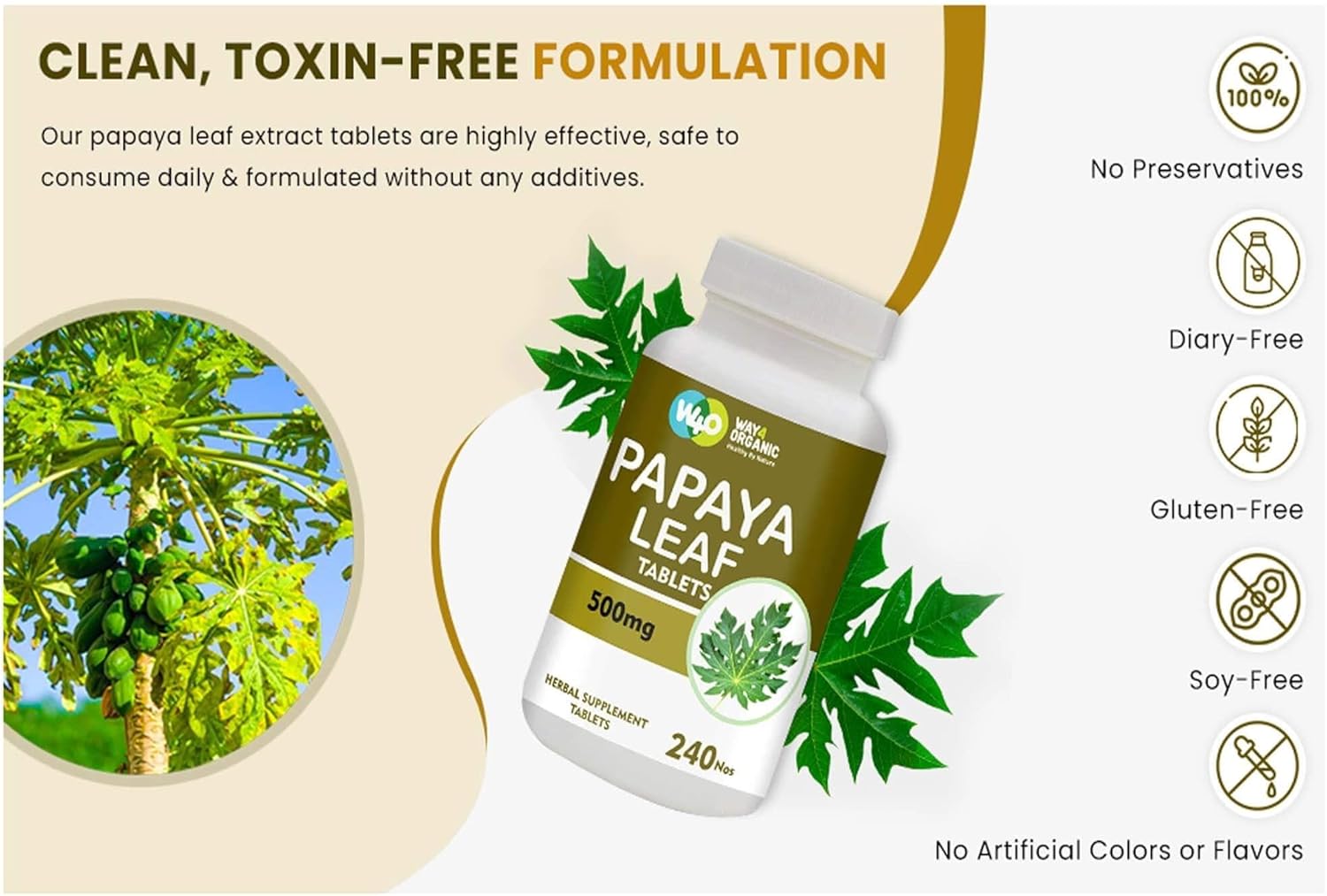 Organic Papaya Leaf Extract Capsules 500mg - 240 Pills, Immunity & Digestion Support - 4 Month Supply