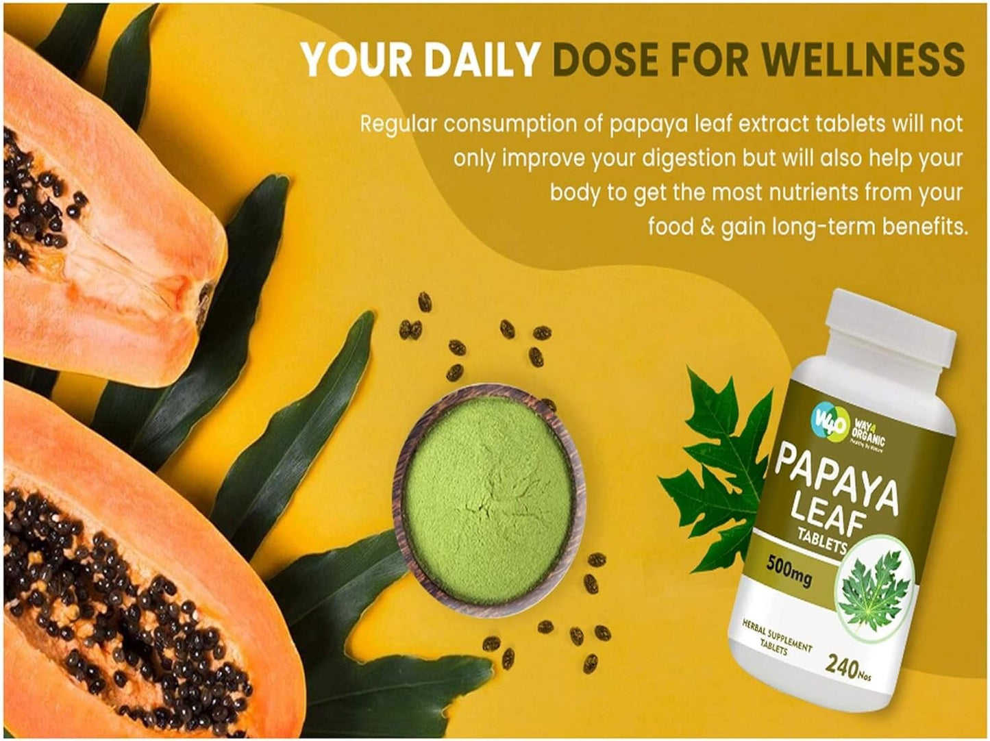 Organic Papaya Leaf Extract Capsules 500mg - 240 Pills, Immunity & Digestion Support - 4 Month Supply