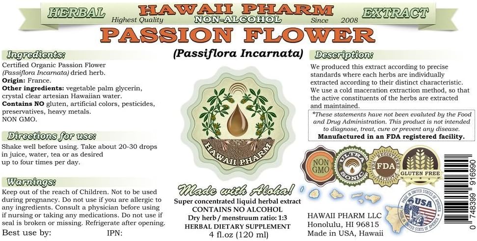 Organic Passion Flower Alcohol-Free Liquid Extract - 4 fl. oz - Natural Herbal Supplement by Hawaii Pharm