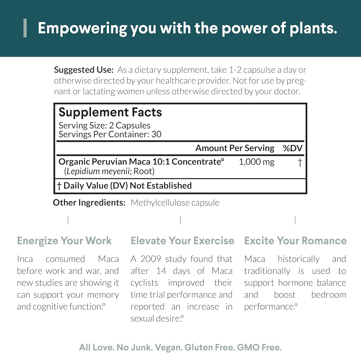 Organic Peruvian Maca Root Capsules - 10:1 Concentration, Vegan Supplement - 60 ct.
