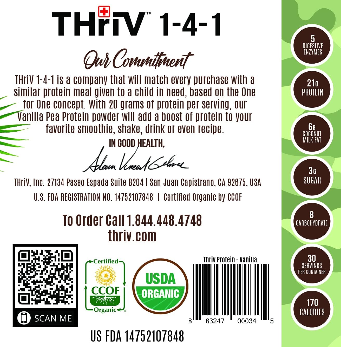 Organic Plant-Based Protein Powder - Vegan Chocolate or Vanilla, Non-GMO, Gluten-Free, Dairy-Free - 2.5lb (1,140g) Powder - Thriv THriV Nutrition