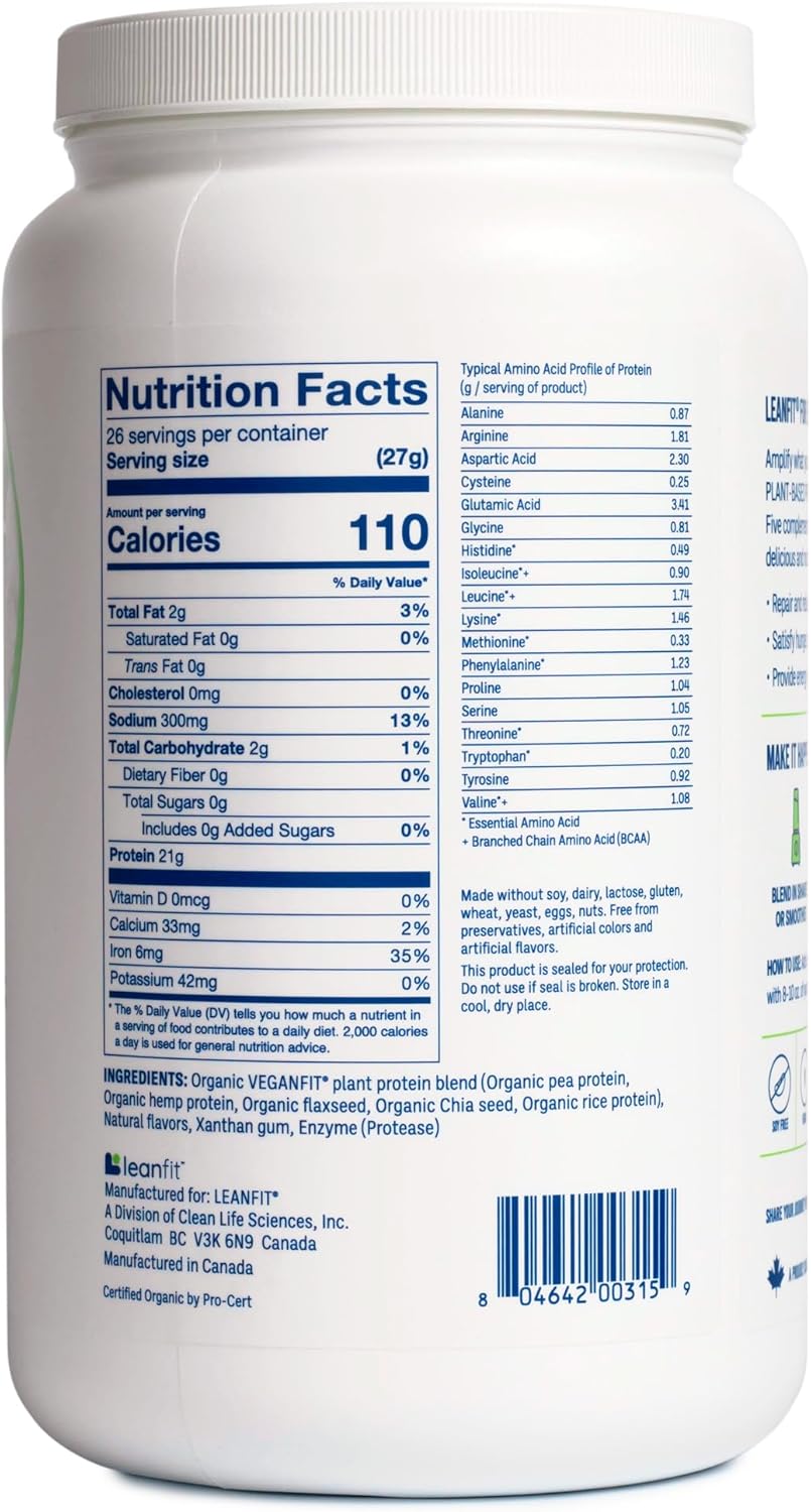 Organic Plant-Based Protein Powder, Unflavored - 21g Vegan Protein, 26 Servings, 1.58lb Tub - Low Calorie, Soy-Free, Gluten-Free, Lactose-Free, Sugar-Free, Non-GMO