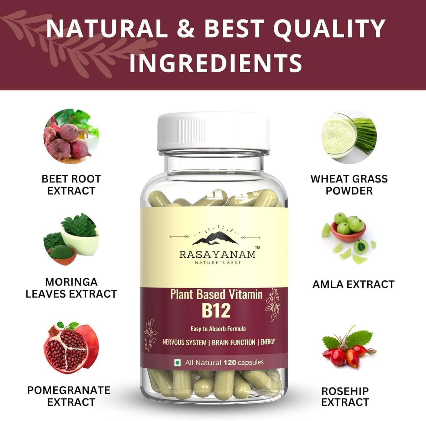 Organic Plant Based Vitamin B12 Supplement (120 Capsules) for Men & Women | Supports Nervous System & Brain Function in Vegetarians & Vegans