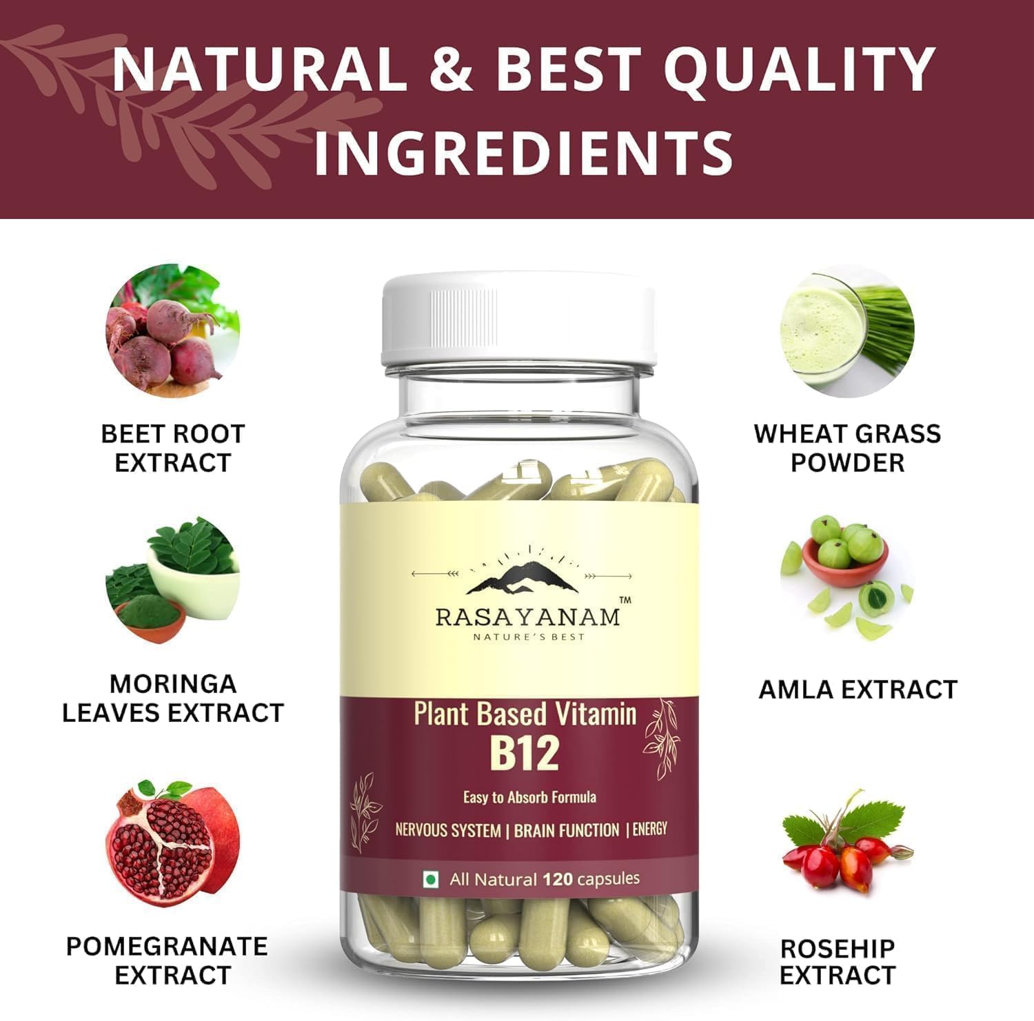 Organic Plant Based Vitamin B12 Supplement (120 Capsules) for Men & Women | Supports Nervous System & Brain Function in Vegetarians & Vegans