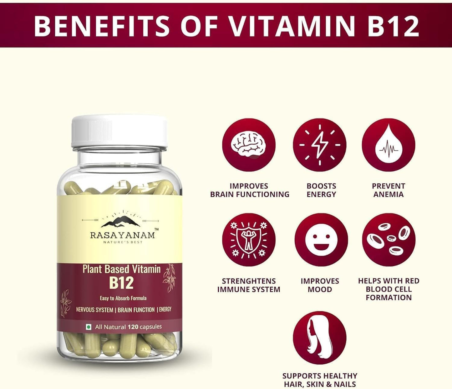 Organic Plant Based Vitamin B12 Supplement (120 Capsules) for Men & Women | Supports Nervous System & Brain Function in Vegetarians & Vegans