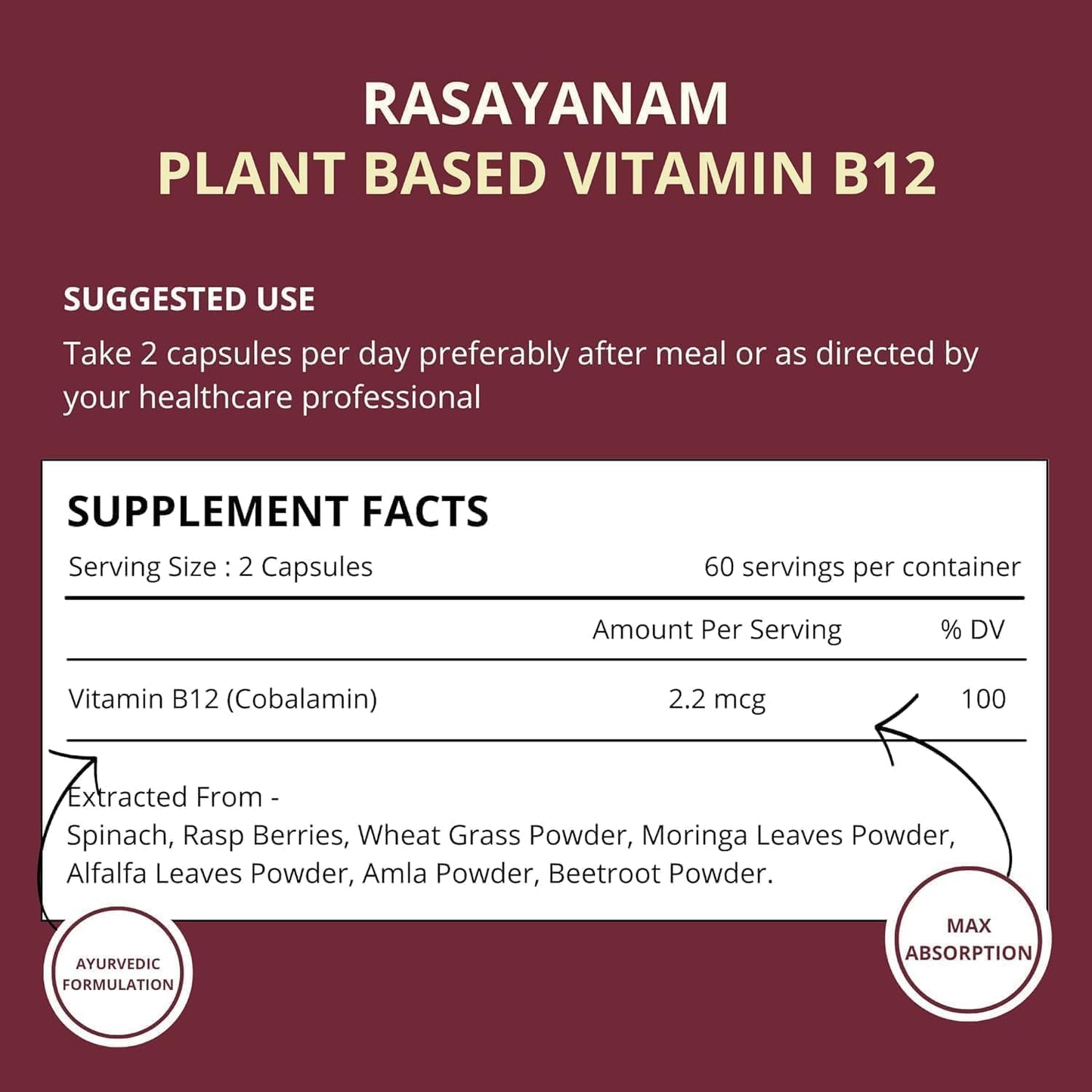 Organic Plant Based Vitamin B12 Supplement (120 Capsules) for Men & Women | Supports Nervous System & Brain Function in Vegetarians & Vegans