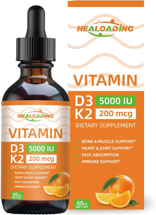Organic Plant-Based Vitamin D3 K2 Drops for Immune Support and Bone Health - 5000 IU D3, 200 mcg K2 Liquid Supplement