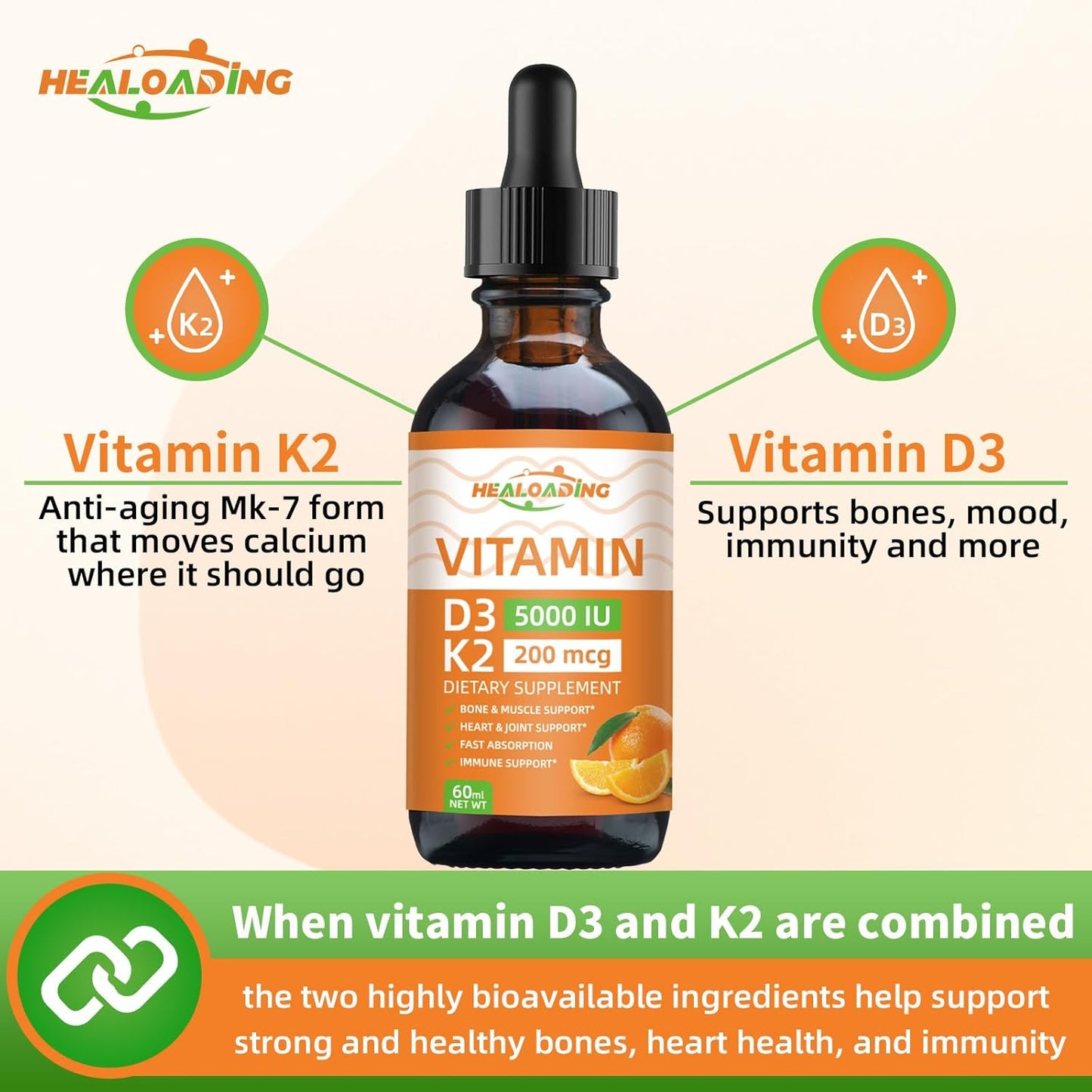 Organic Plant-Based Vitamin D3 K2 Drops for Immune Support and Bone Health - 5000 IU D3, 200 mcg K2 Liquid Supplement