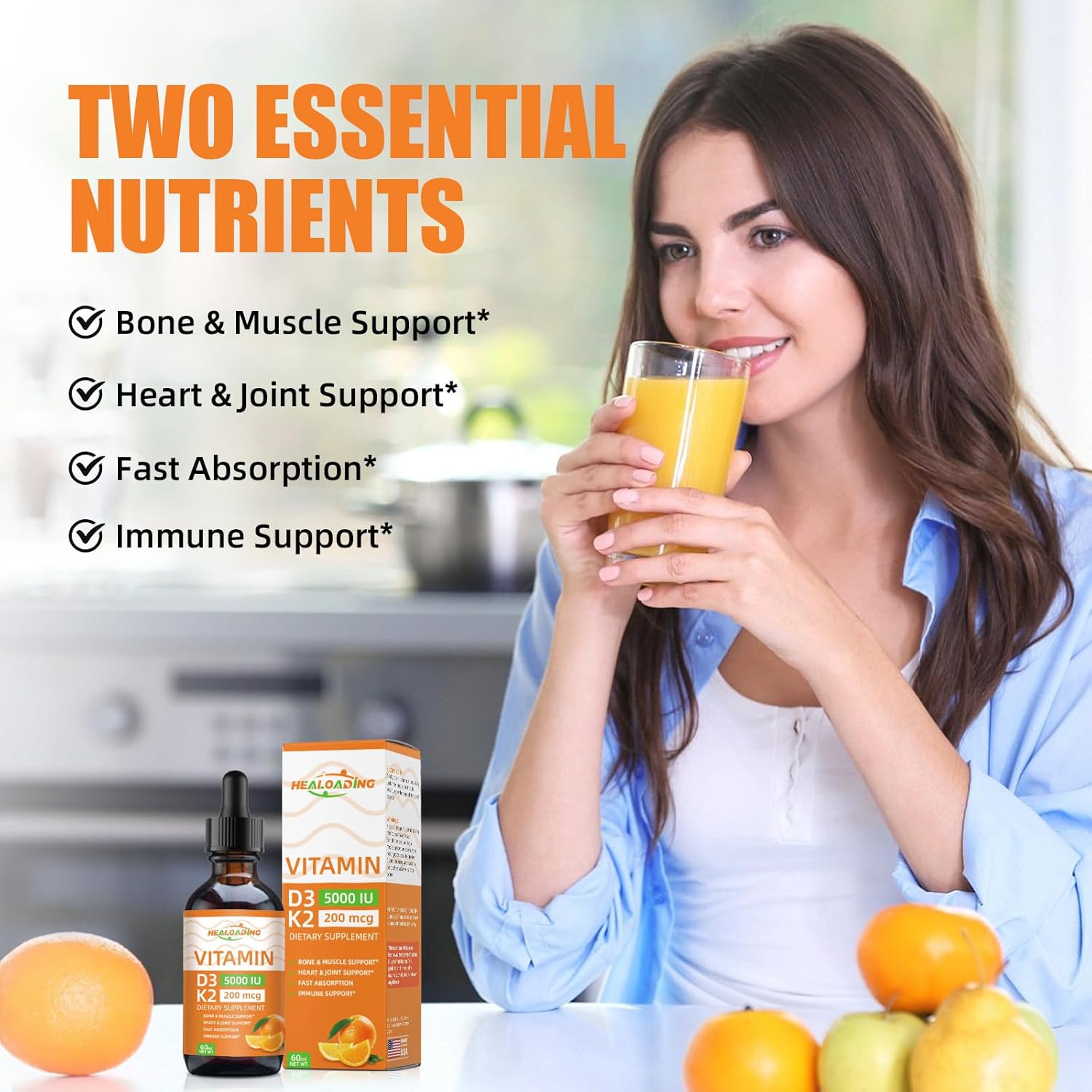 Organic Plant-Based Vitamin D3 K2 Drops for Immune Support and Bone Health - 5000 IU D3, 200 mcg K2 Liquid Supplement