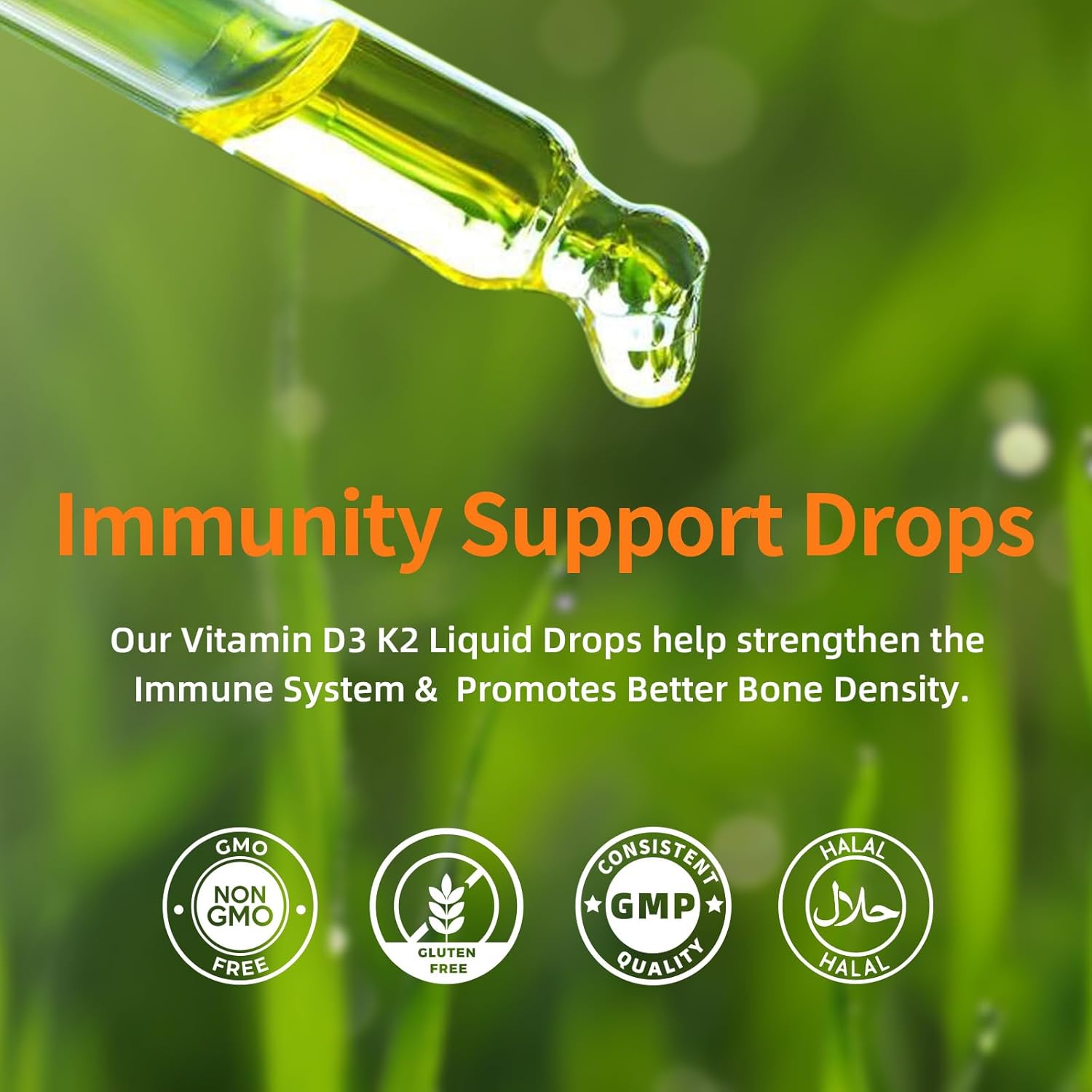 Organic Plant-Based Vitamin D3 K2 Drops for Immune Support and Bone Health - 5000 IU D3, 200 mcg K2 Liquid Supplement