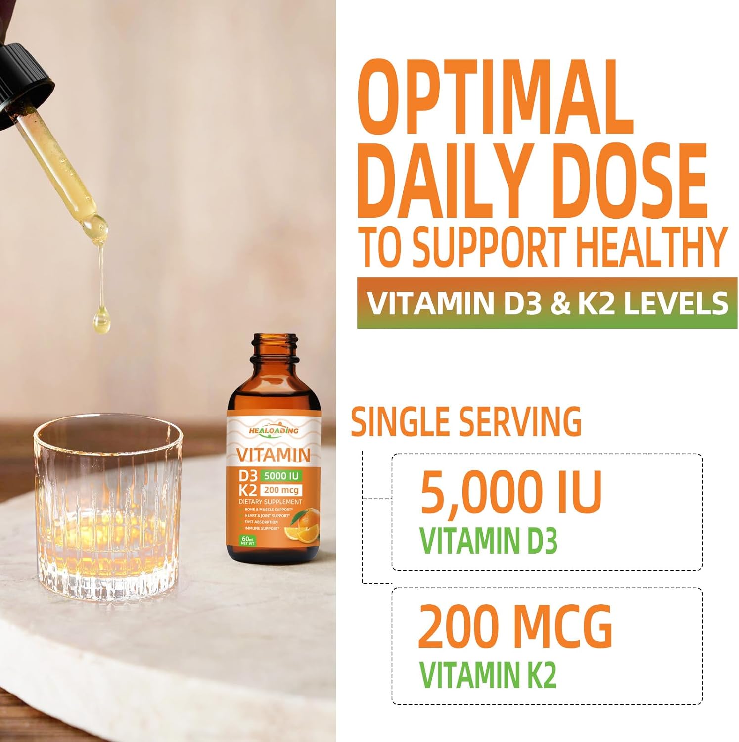 Organic Plant-Based Vitamin D3 K2 Drops for Immune Support and Bone Health - 5000 IU D3, 200 mcg K2 Liquid Supplement