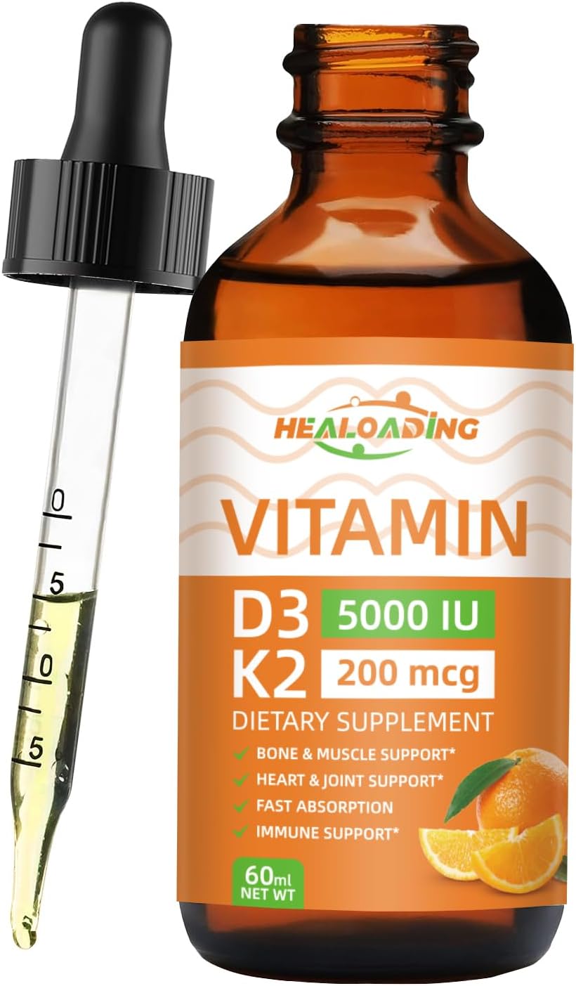 Organic Plant-Based Vitamin D3 K2 Drops for Immune Support and Bone Health - 5000 IU D3, 200 mcg K2 Liquid Supplement
