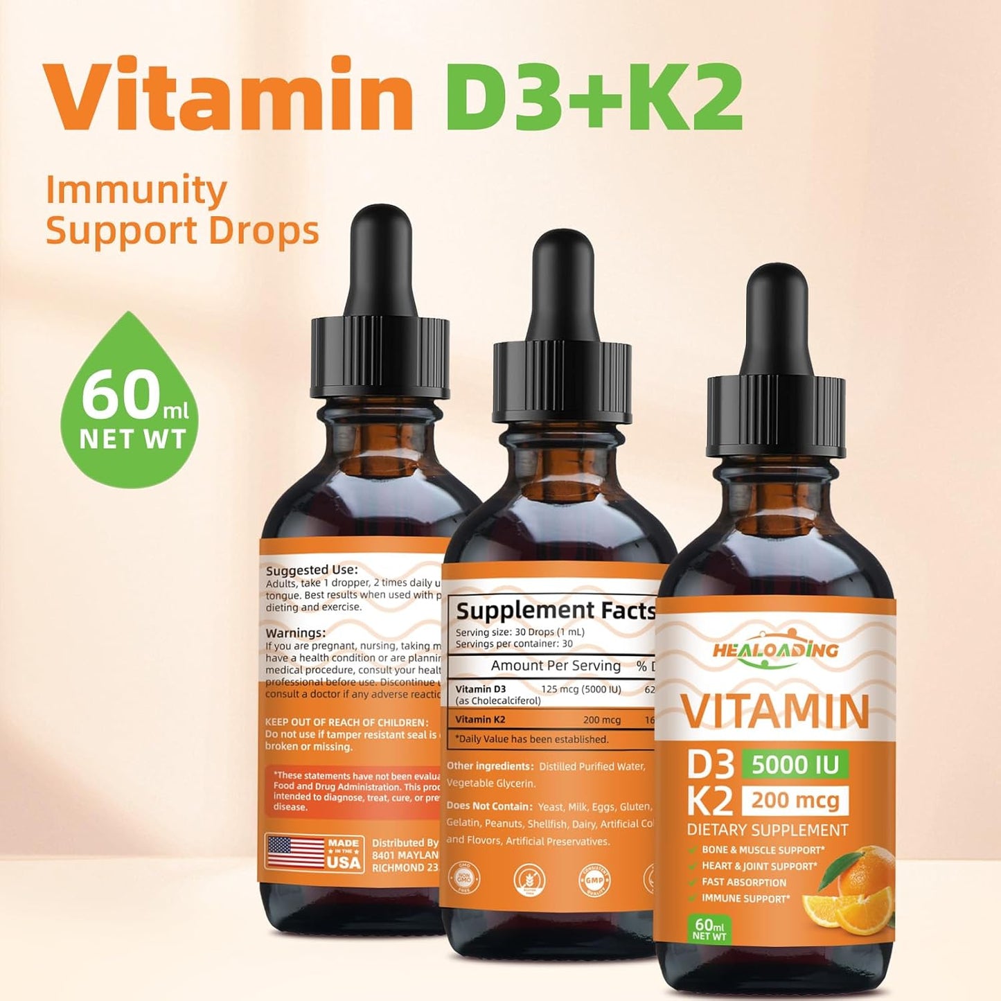 Organic Plant-Based Vitamin D3 K2 Drops for Immune Support and Bone Health - 5000 IU D3, 200 mcg K2 Liquid Supplement