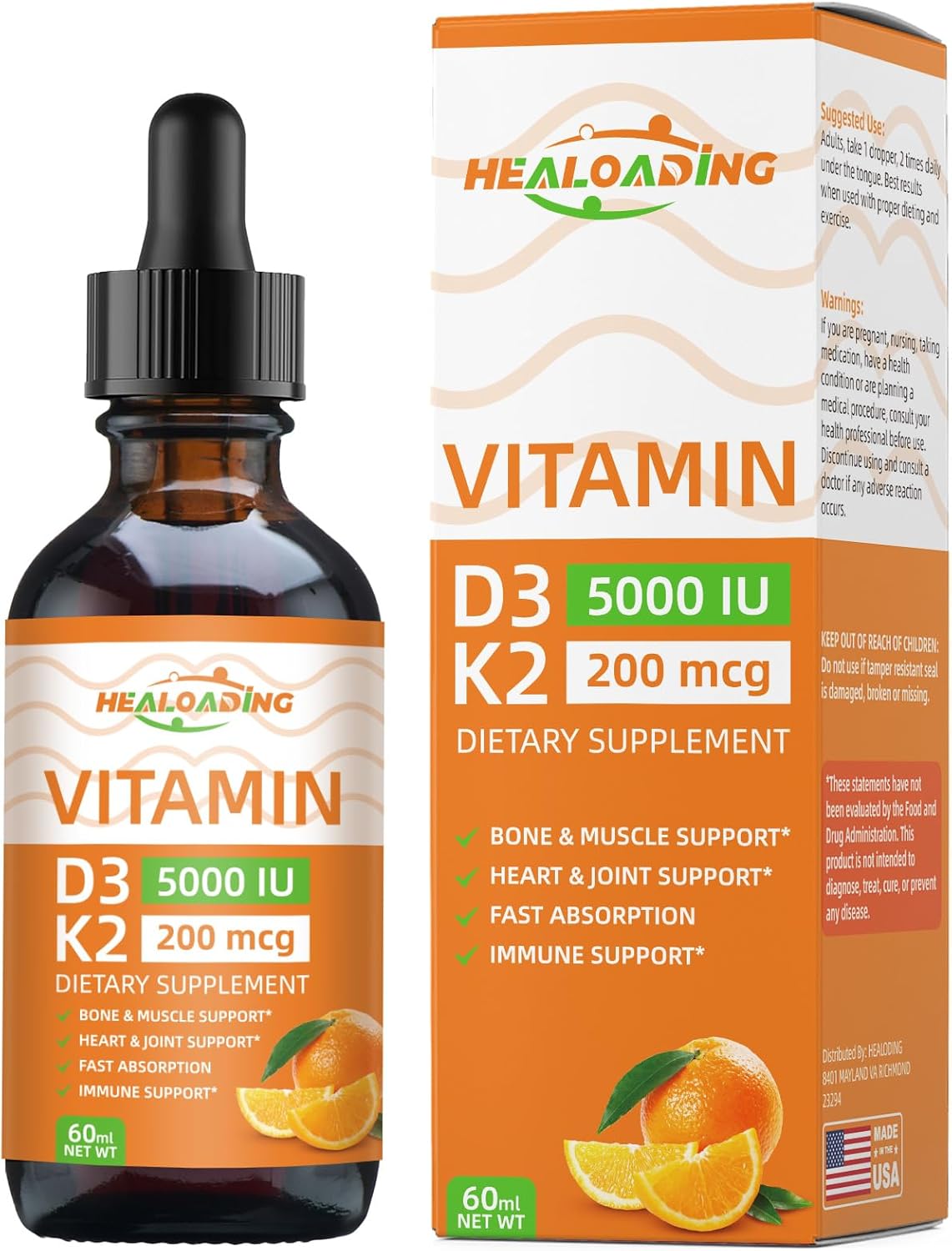 Organic Plant-Based Vitamin D3 K2 Drops for Immune Support and Bone Health - 5000 IU D3, 200 mcg K2 Liquid Supplement