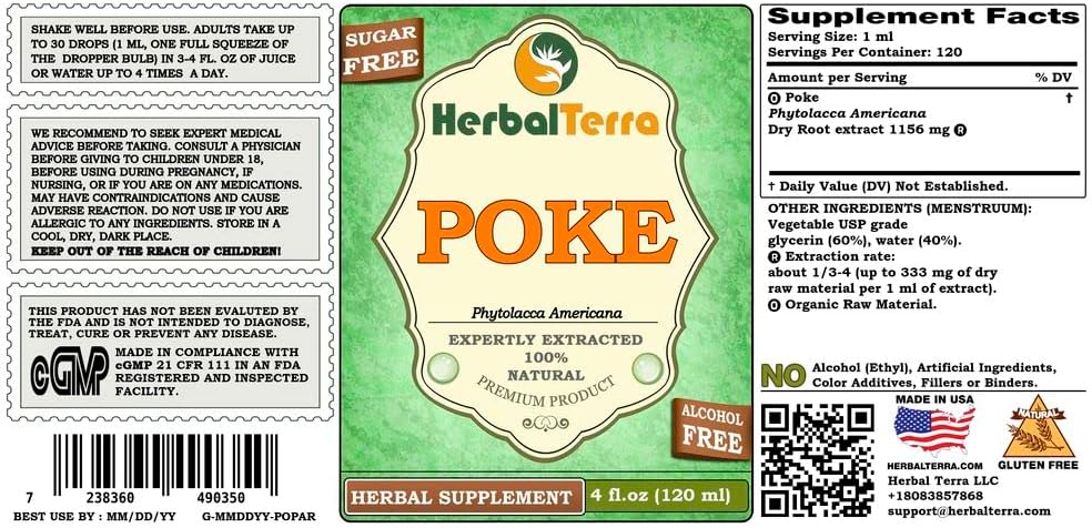 Organic Poke (Phytolacca Americana) Glycerite Liquid Extract - Alcohol-Free - 4 fl. oz (120 ml) - HerbalTerra