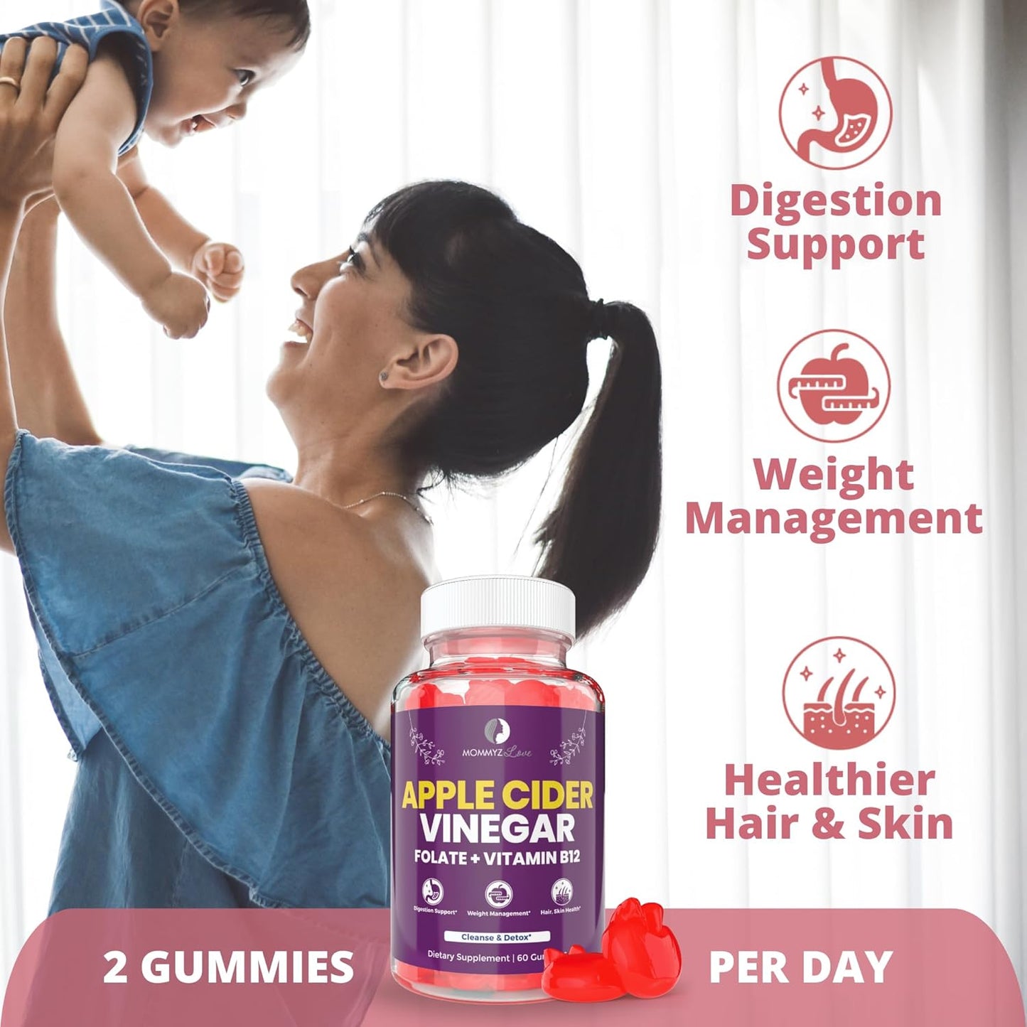 Organic Post Natal Vitamins for Breast Milk Supply Increase and Energy Boost - Apple Cider Vinegar Gummies with Folate and Vitamin B12 for Digestion and Radiant Hair & Skin