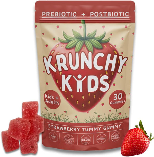 Organic Prebiotic & Postbiotic Gummy Vitamins for Kids & Adults, Sugar-Free Allulose, Fermented Strawberry, Gut Health Support