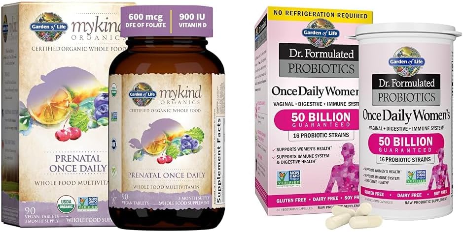 Organic Prenatal Vitamins with Folate for Energy & Fetal Development + Women's Probiotics, 16 Strains, 50 Billion CFU, 30 Capsules
